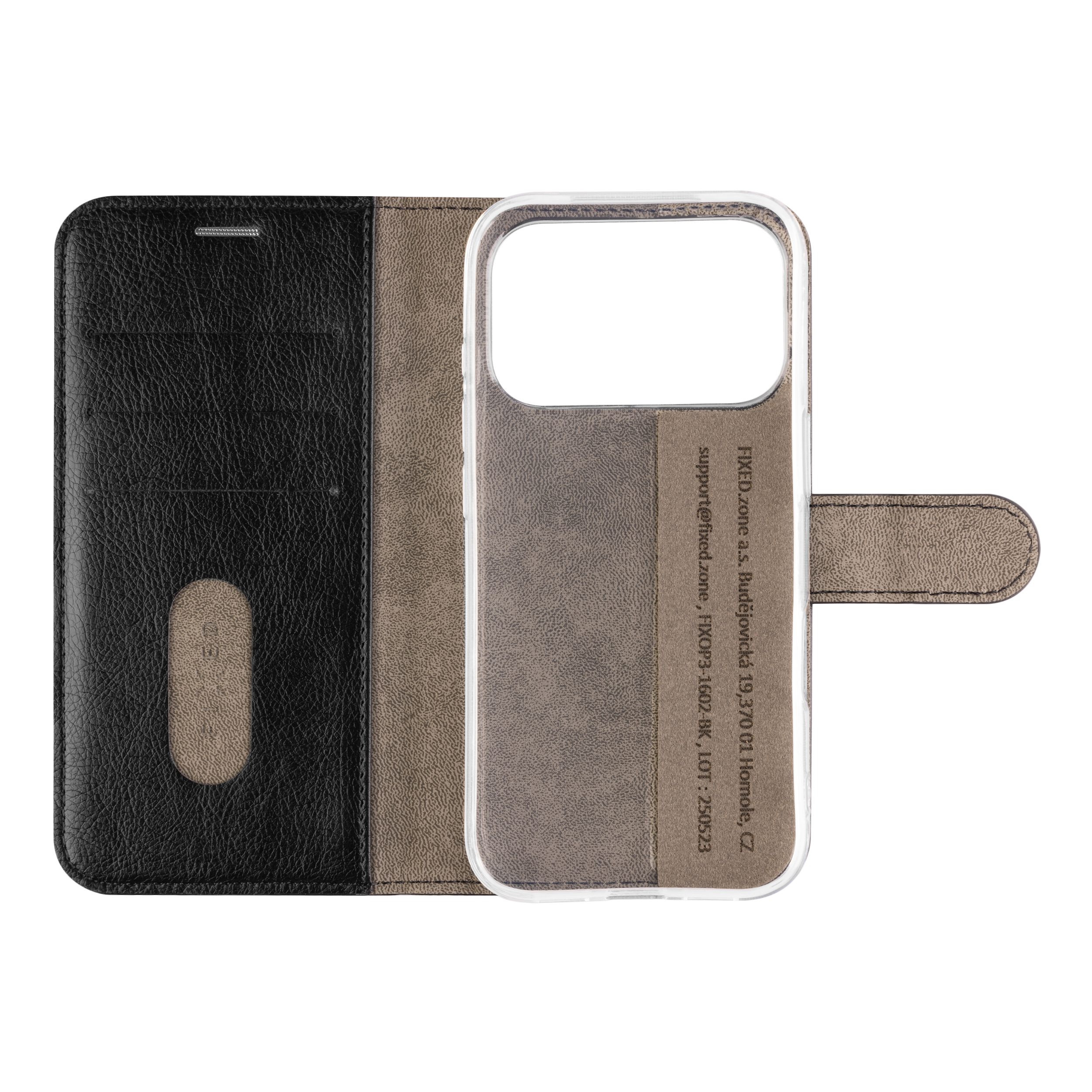 Schwarze Leder-Handyhülle zum Aufklappen mit Kartenfächern und integriertem transparenten Silikongehäuse.