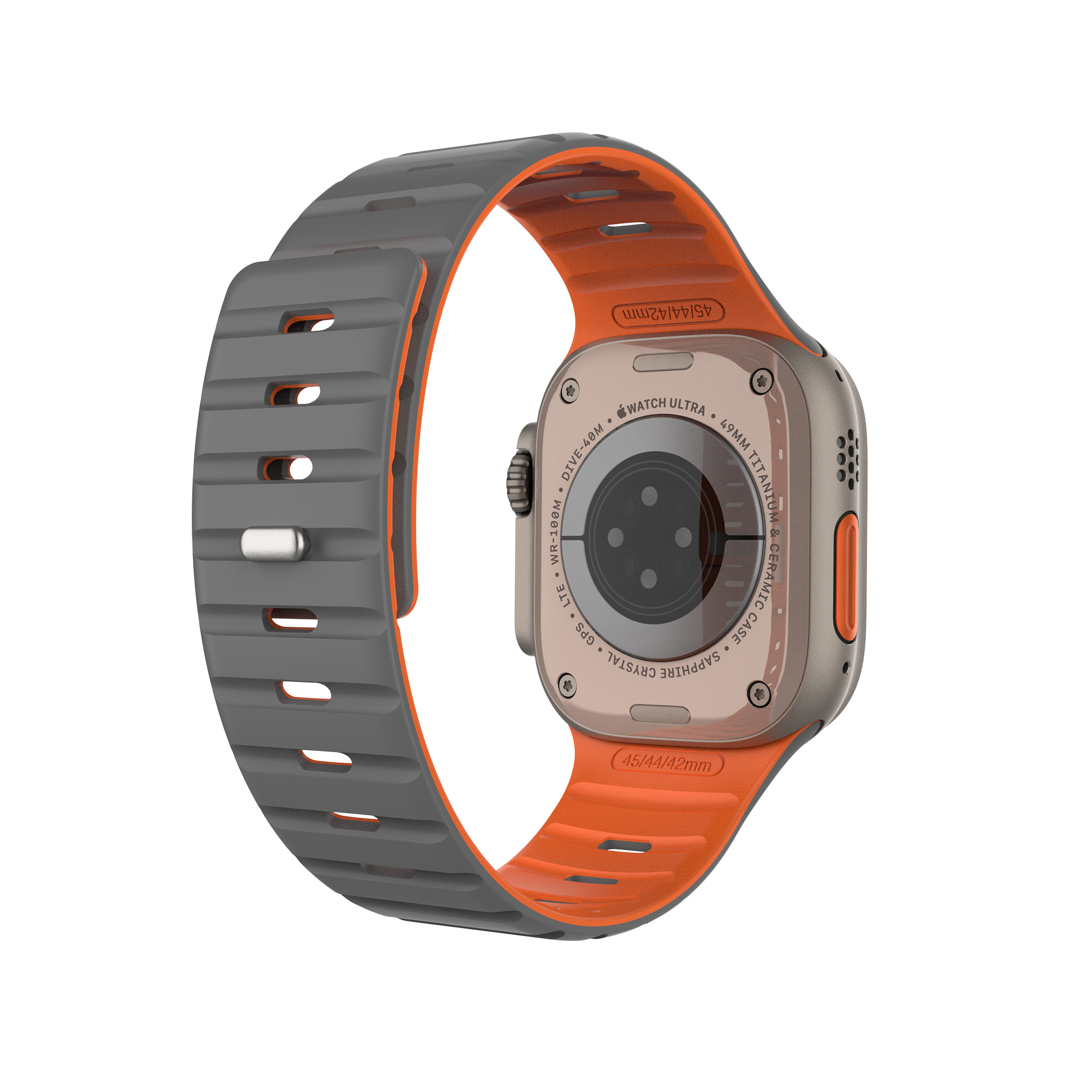 Vista trasera de un Apple Watch Ultra con correa gris y forro naranja sobre fondo blanco.