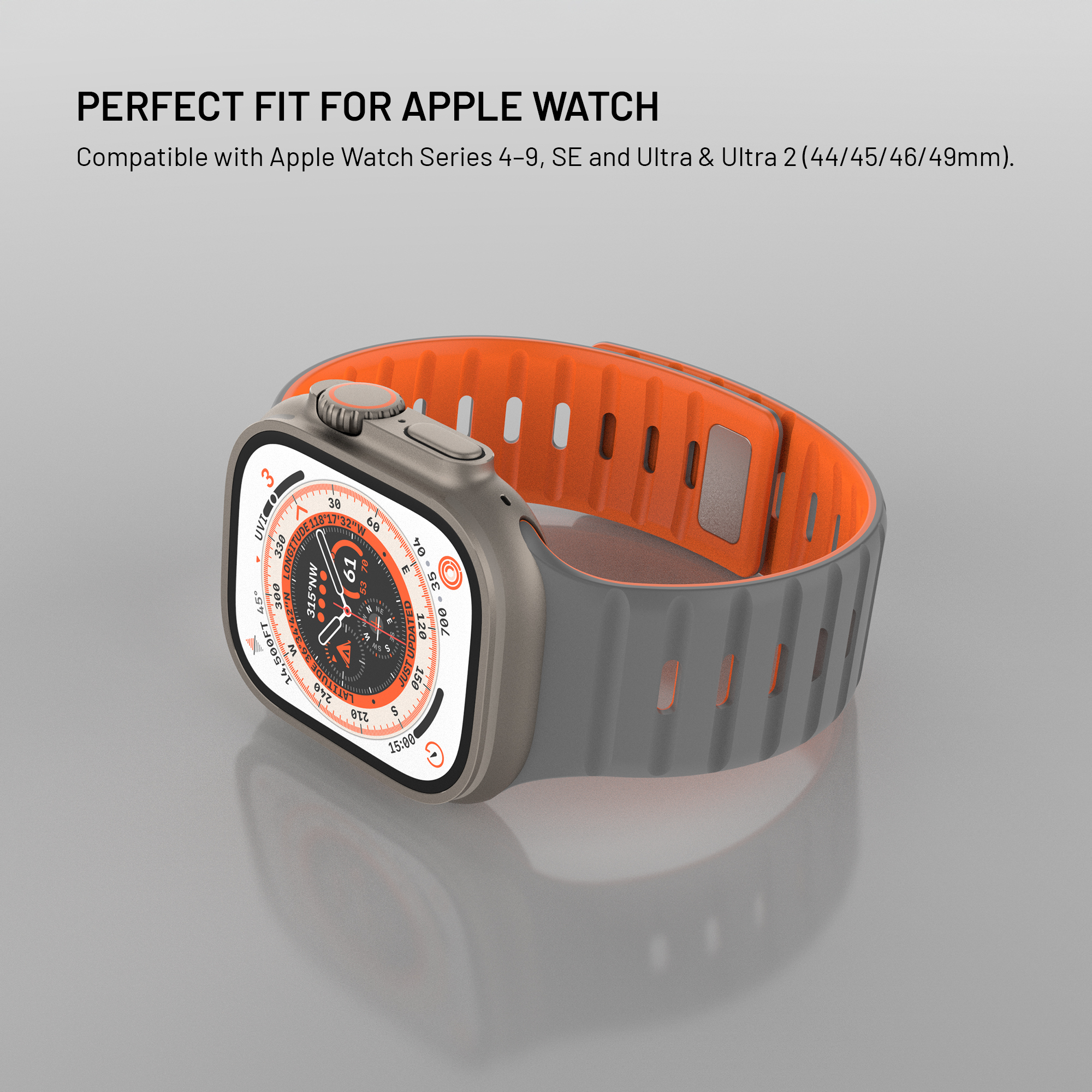 Reloj inteligente gris con correa de silicona naranja sobre fondo gris, con texto sobre compatibilidad con Apple Watch.