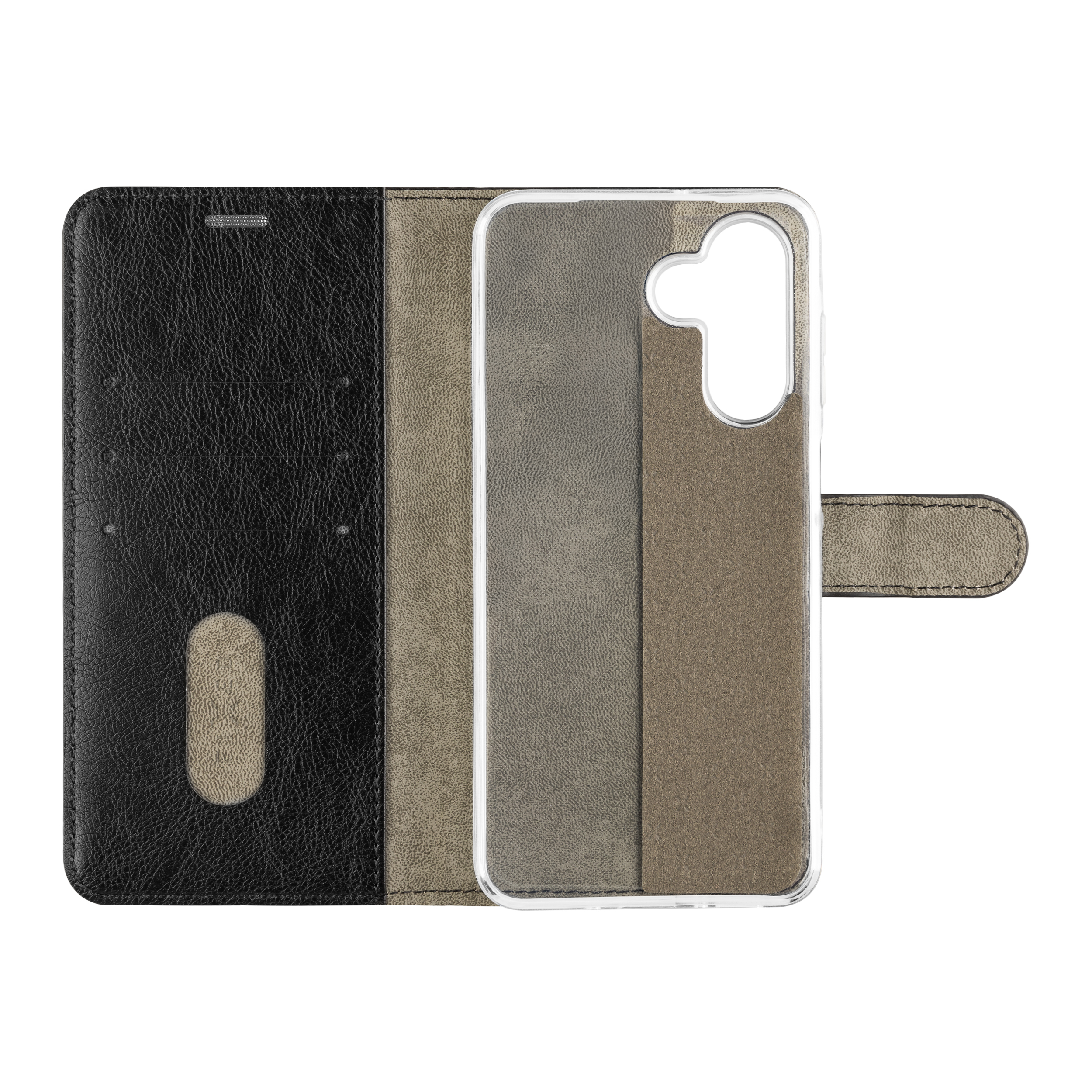 Offene schwarze und braune Kunstleder-Handyhülle mit Klappe und integrierter transparenter Hülle.