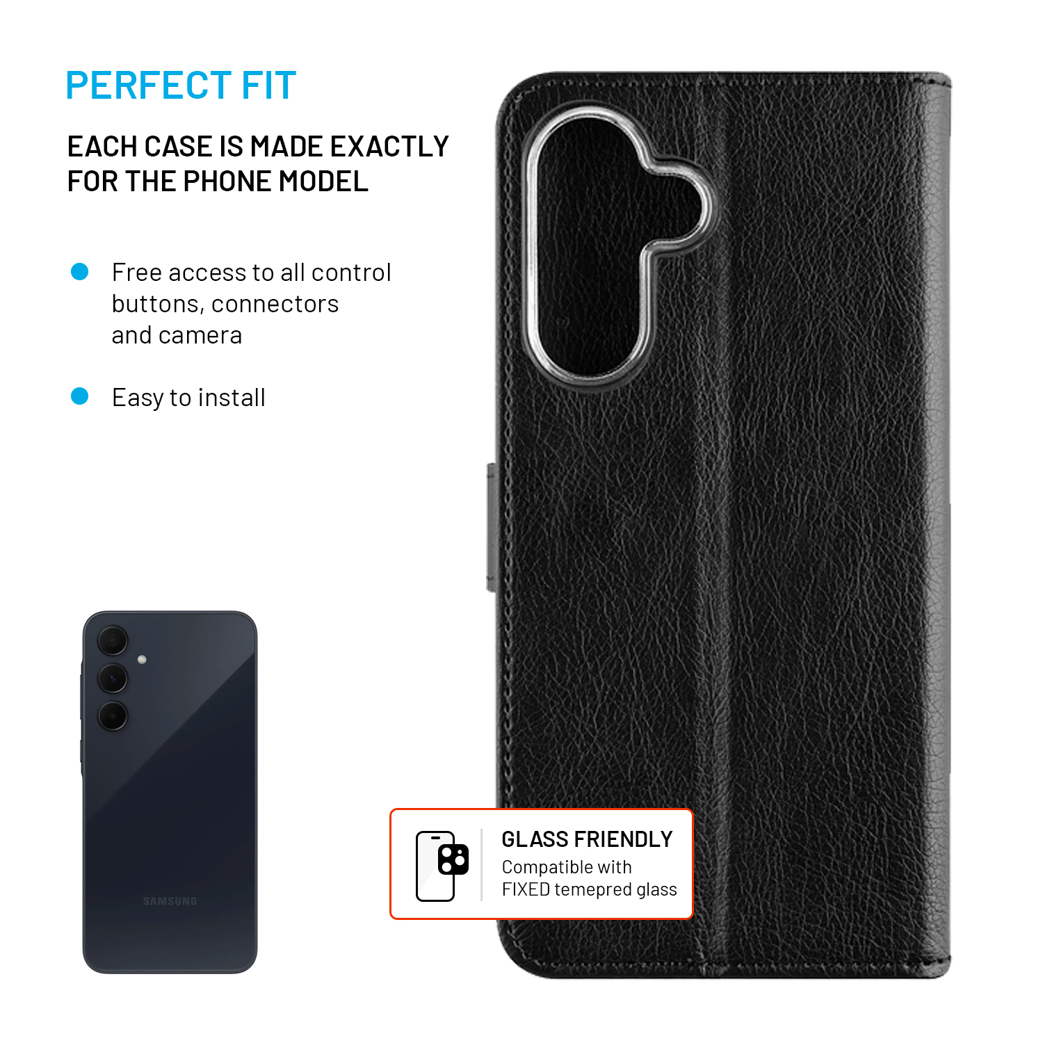 Schwarze Leder-Handy-Flip-Hülle mit Text und Grafiken.