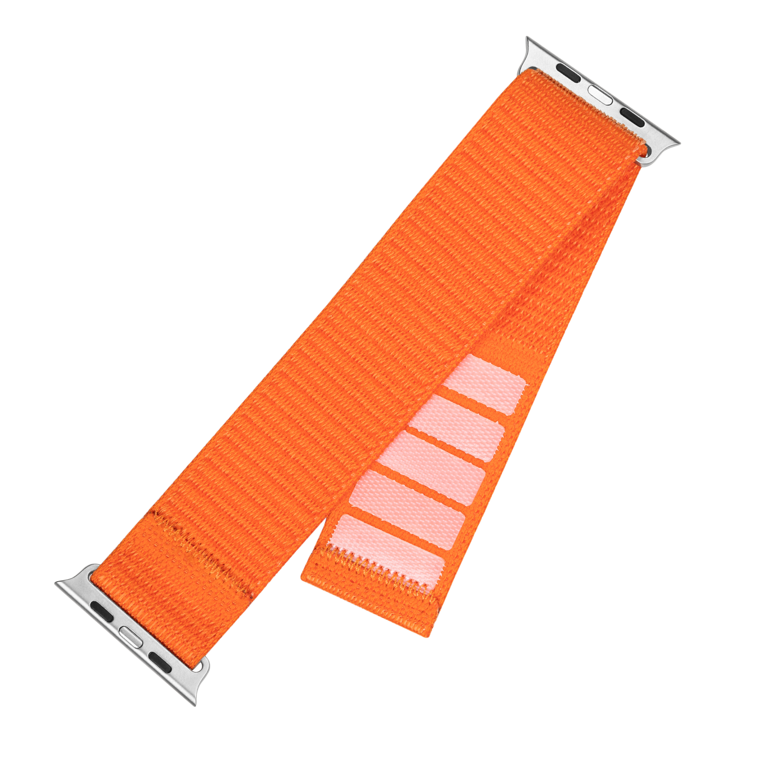 Ein leuchtend orangefarbenes Nylon-Uhrenarmband mit silbernen Adaptern und rosa Klettverschlüssen auf weißem Grund.