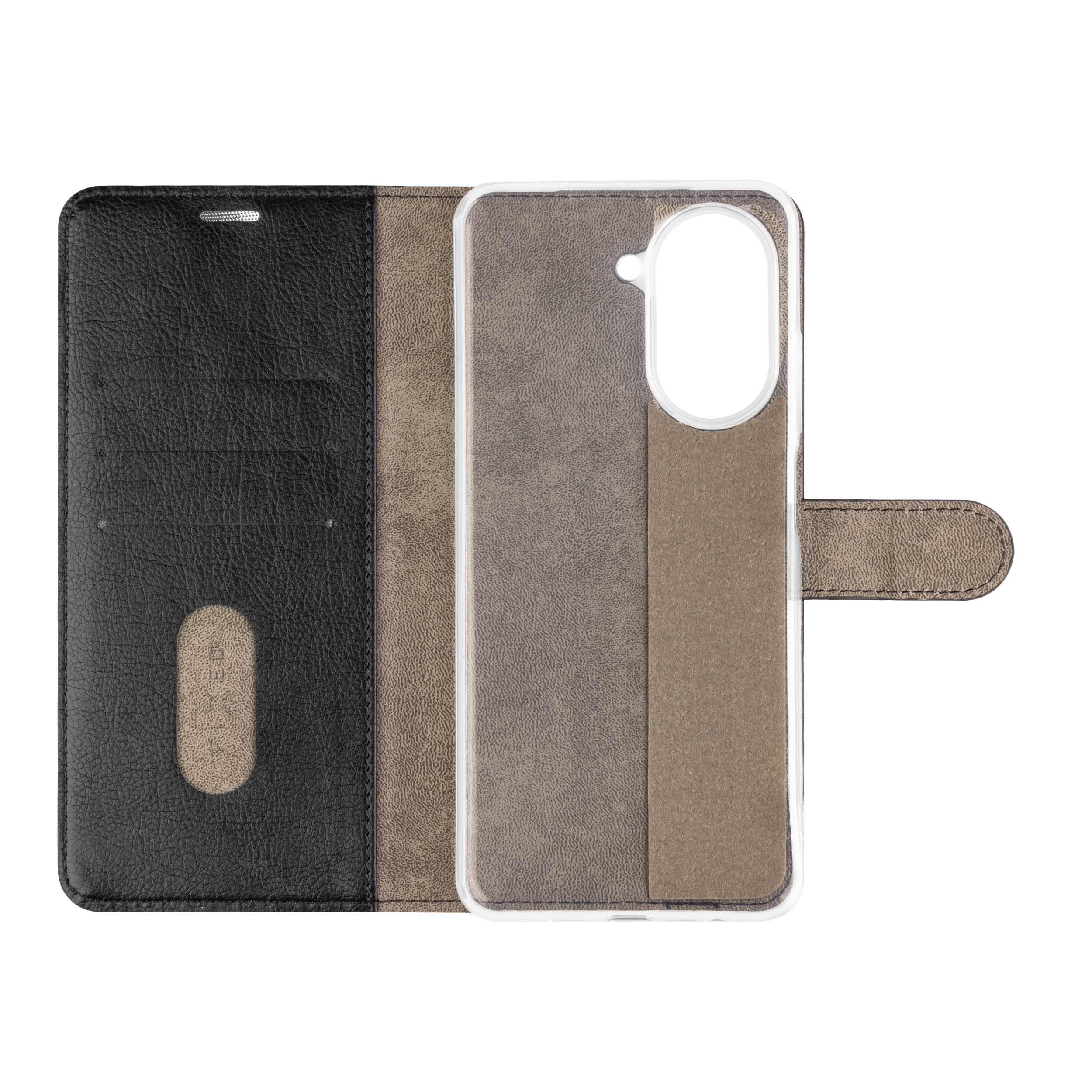 Offenes Flip-Handycover in Schwarz und Braun mit Kartenfächern und transparenter Silikonhülle.