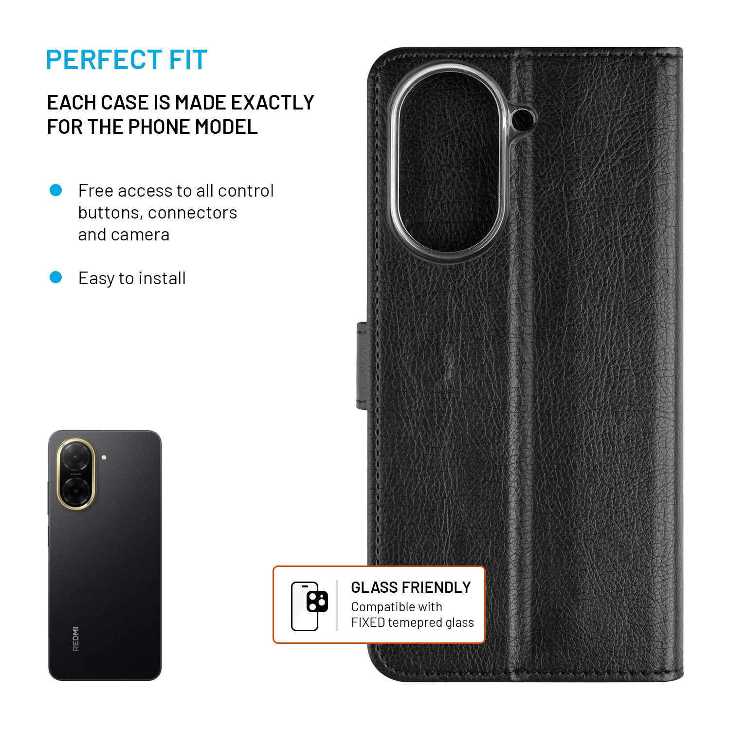 Schwarze Leder-Handyhülle mit Text und Redmi-Telefon im Hintergrund.