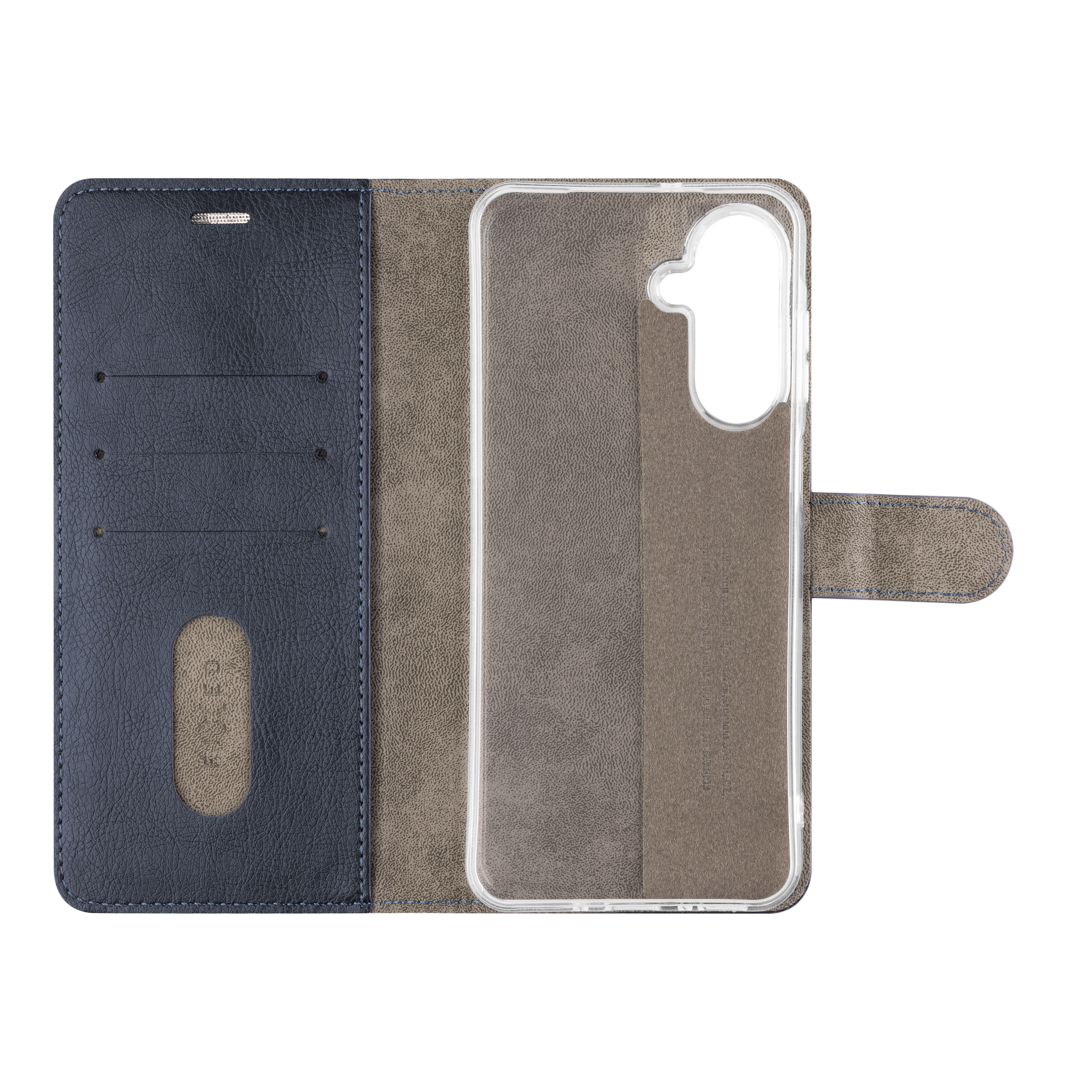 Blaue Leder-Klapphülle für Smartphones mit Kartenfächern und durchsichtiger Schale.