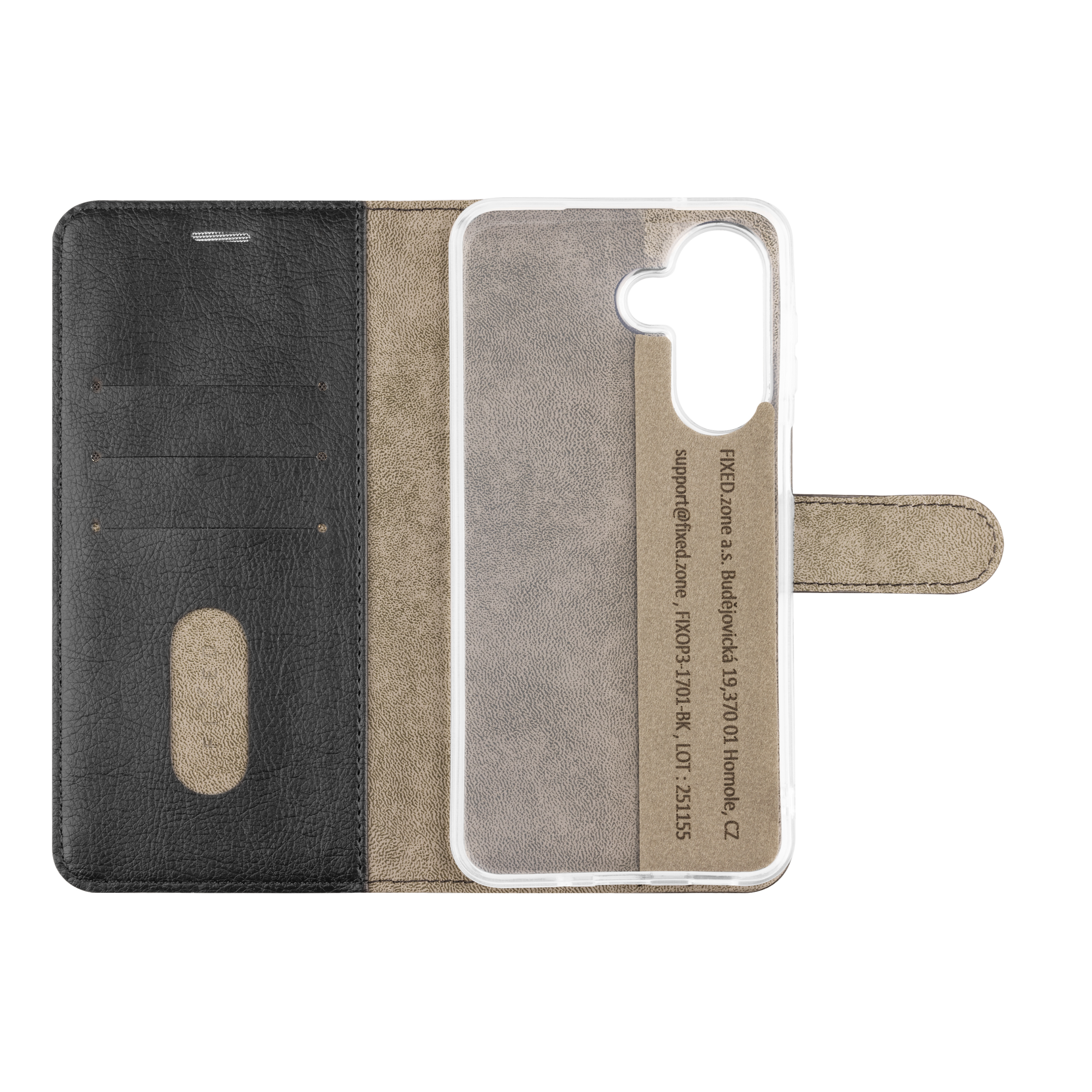 Ein offenes, schwarz-braunes Handy-Lederetui mit transparenter Halterung und Kartenfächern auf weißem Hintergrund.