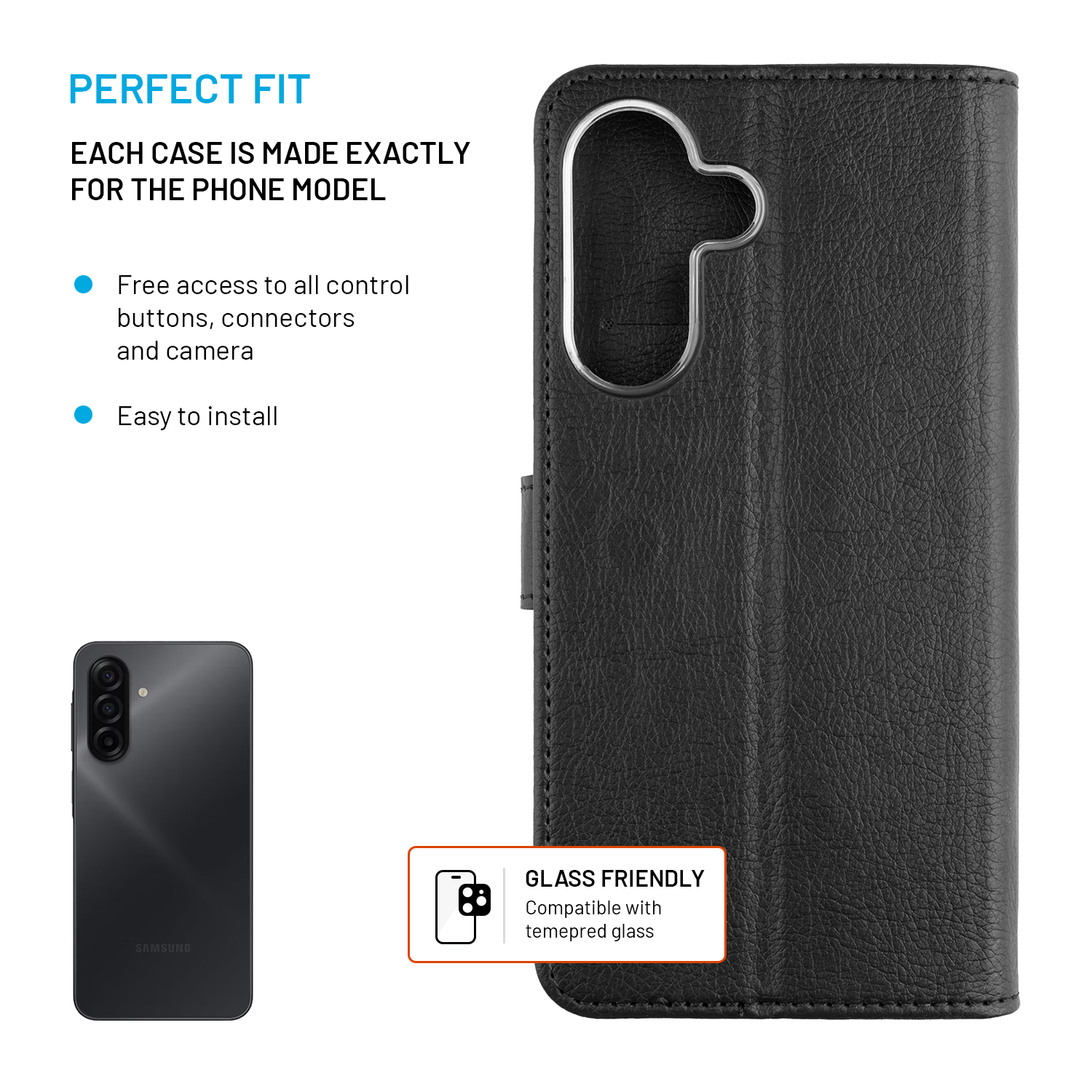 Schwarze Ledertasche für ein Smartphone mit Kameraaussparung und Text zu Passform und Glasverträglichkeit.