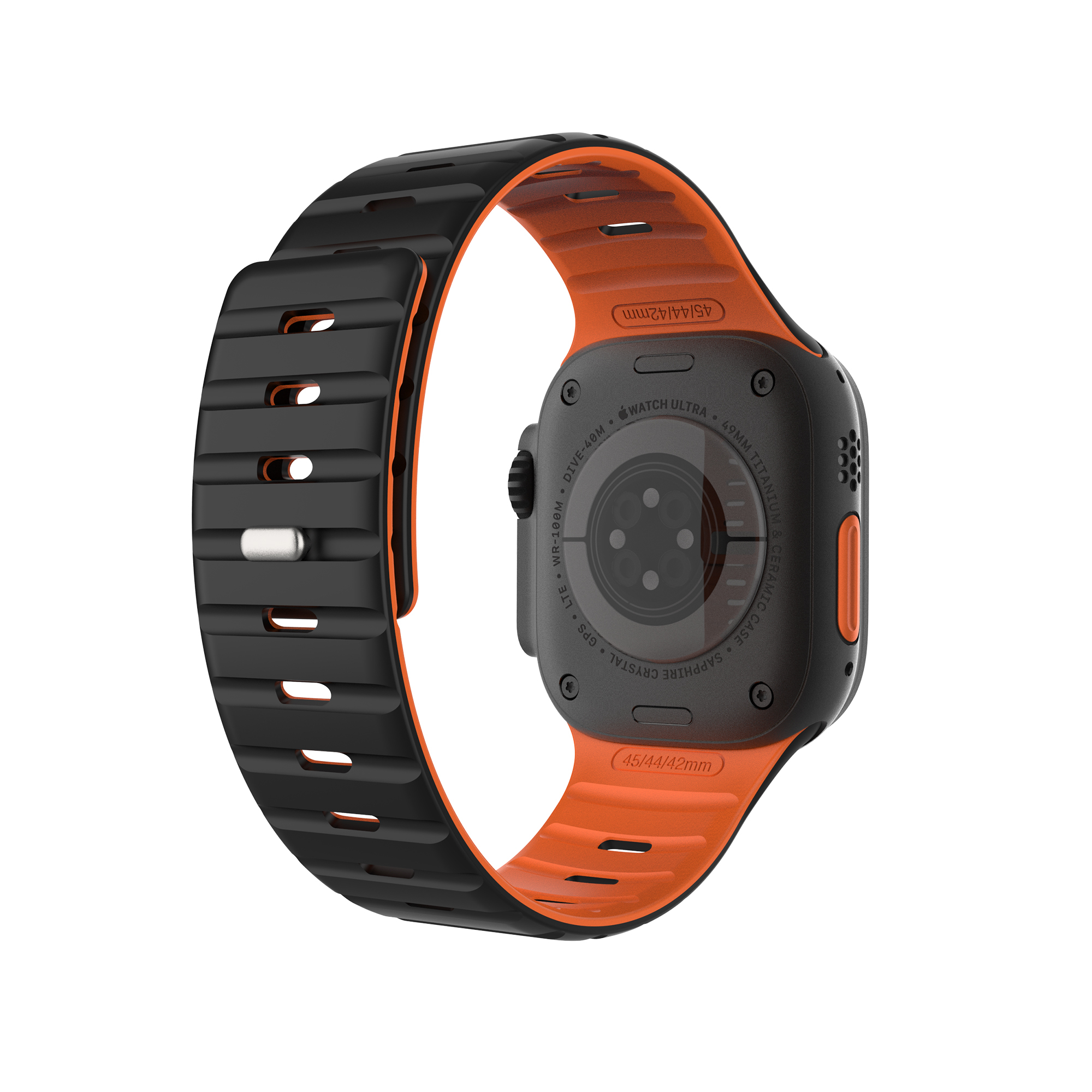 Parte trasera de un reloj inteligente negro y naranja con correa texturizada sobre fondo blanco.