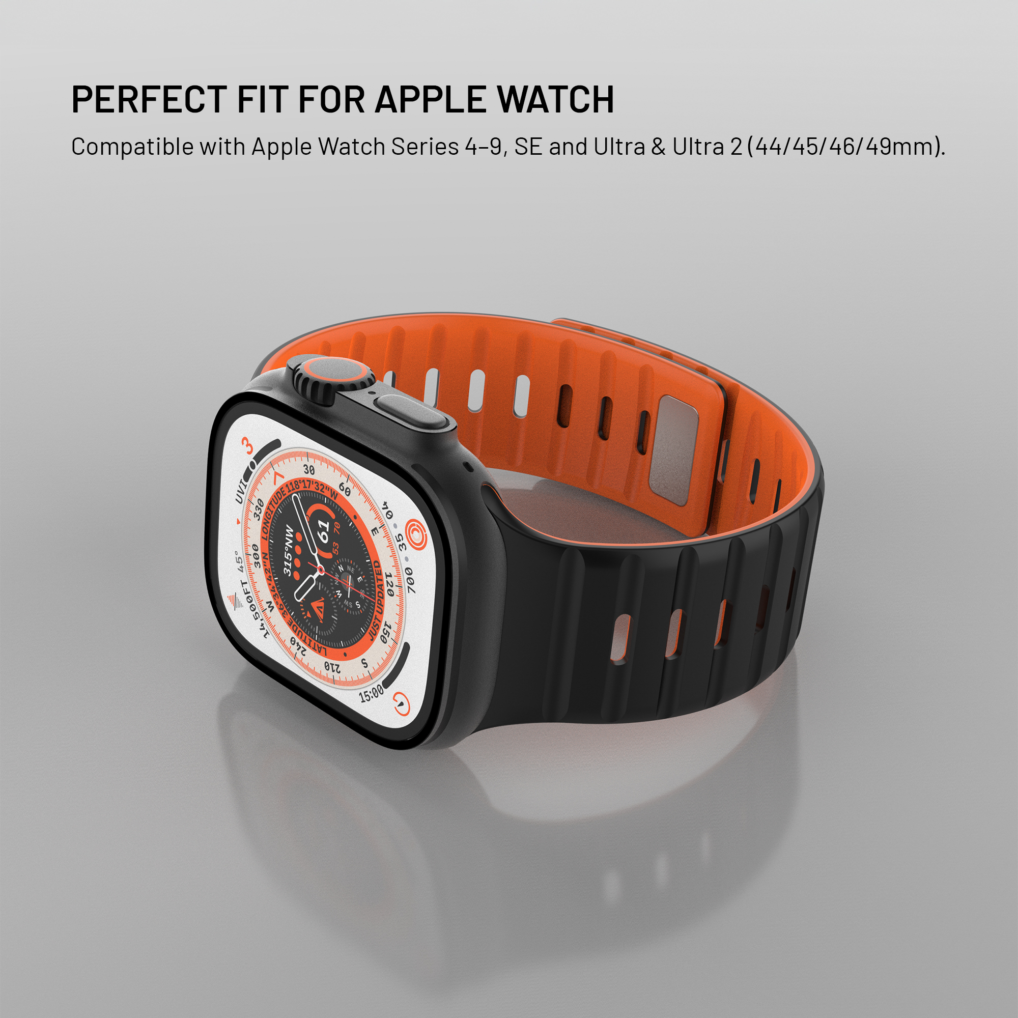 Una caja de Apple Watch negra con correa naranja y negra sobre fondo gris.