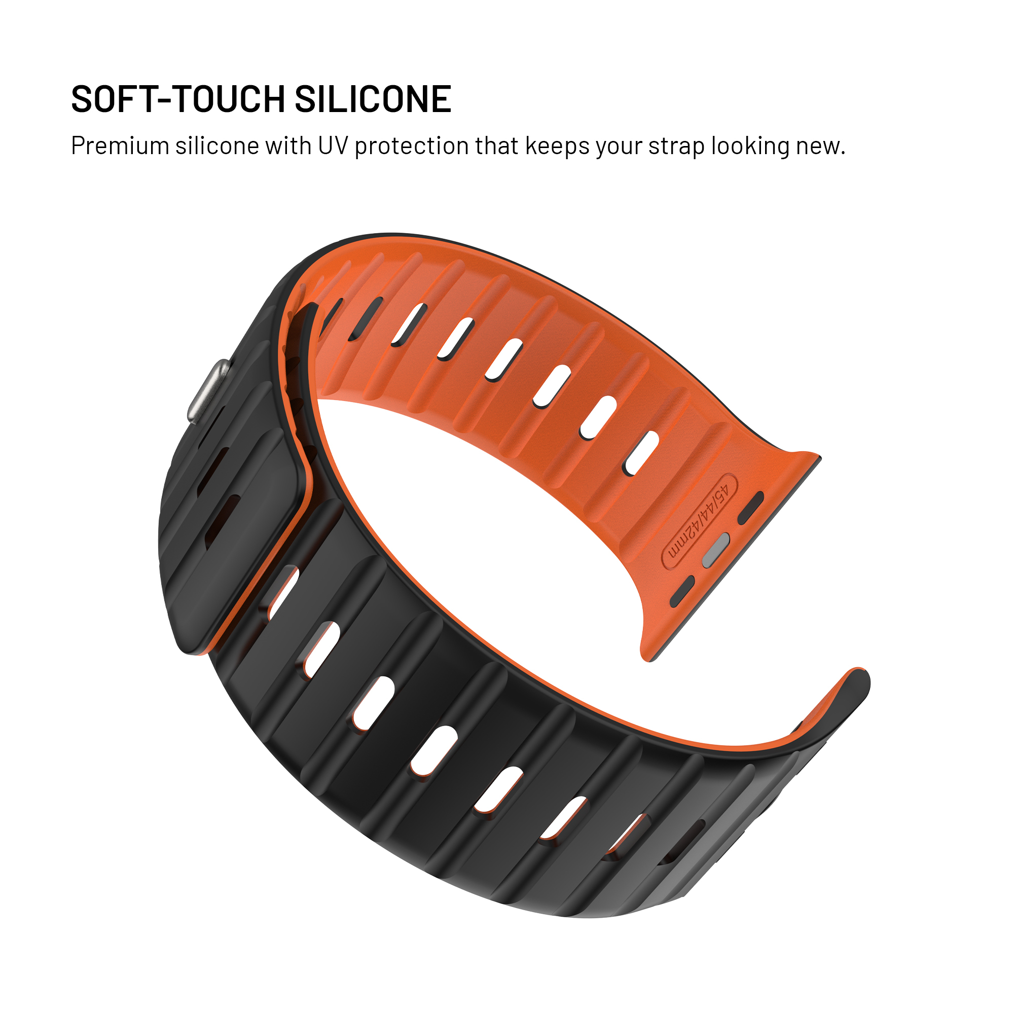 Una correa de smartwatch de silicona negra y naranja con orificios de ventilación y texto.
