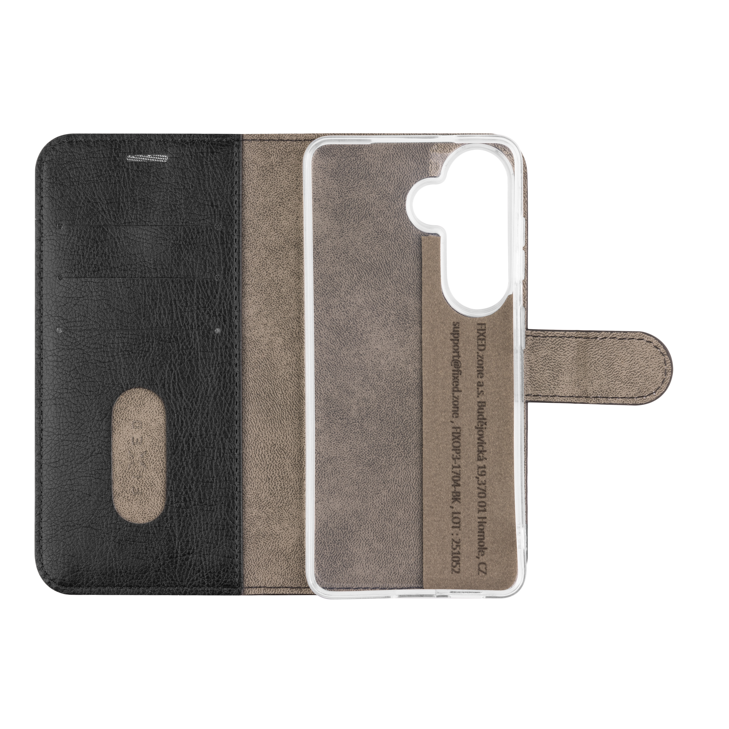 Offene schwarze und graue Leder-Handyhülle mit transparenter Innenschale und Kartenfächern.