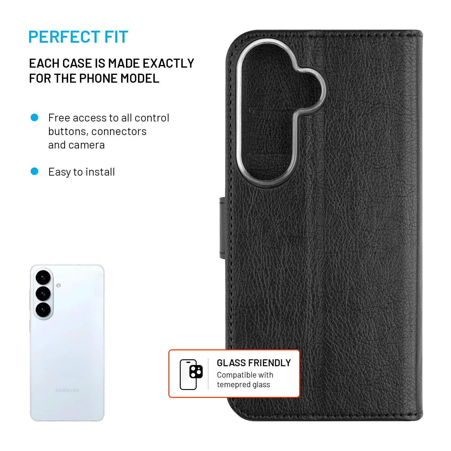 Eine schwarze Lederhandyhülle und ein weißes Telefon mit Text über perfekte Passform und Glasverträglichkeit.