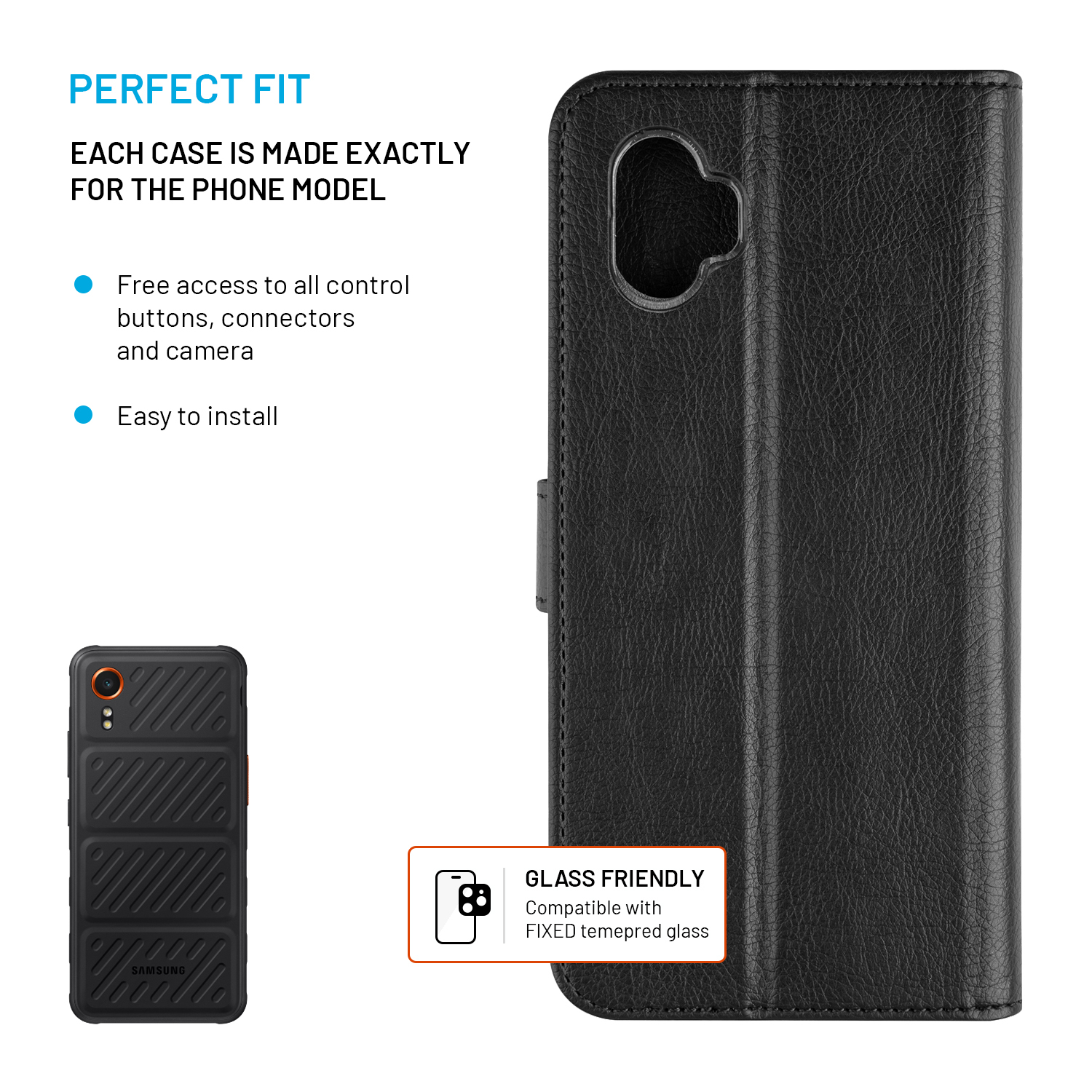Schwarze Leder-Handyhülle mit Kameraaussparung und Text über perfekte Passform und Glasverträglichkeit.
