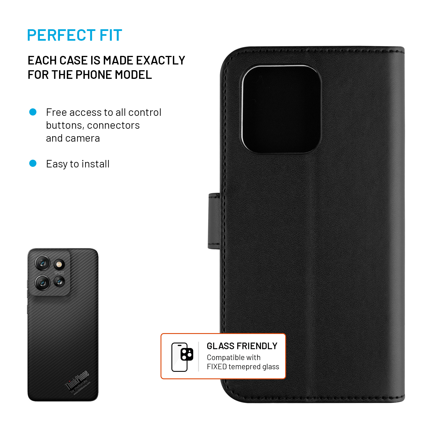 Eine schwarze Leder-Handyhülle, ein Smartphone mit Carbon-Rückseite und Text zu den Funktionen.