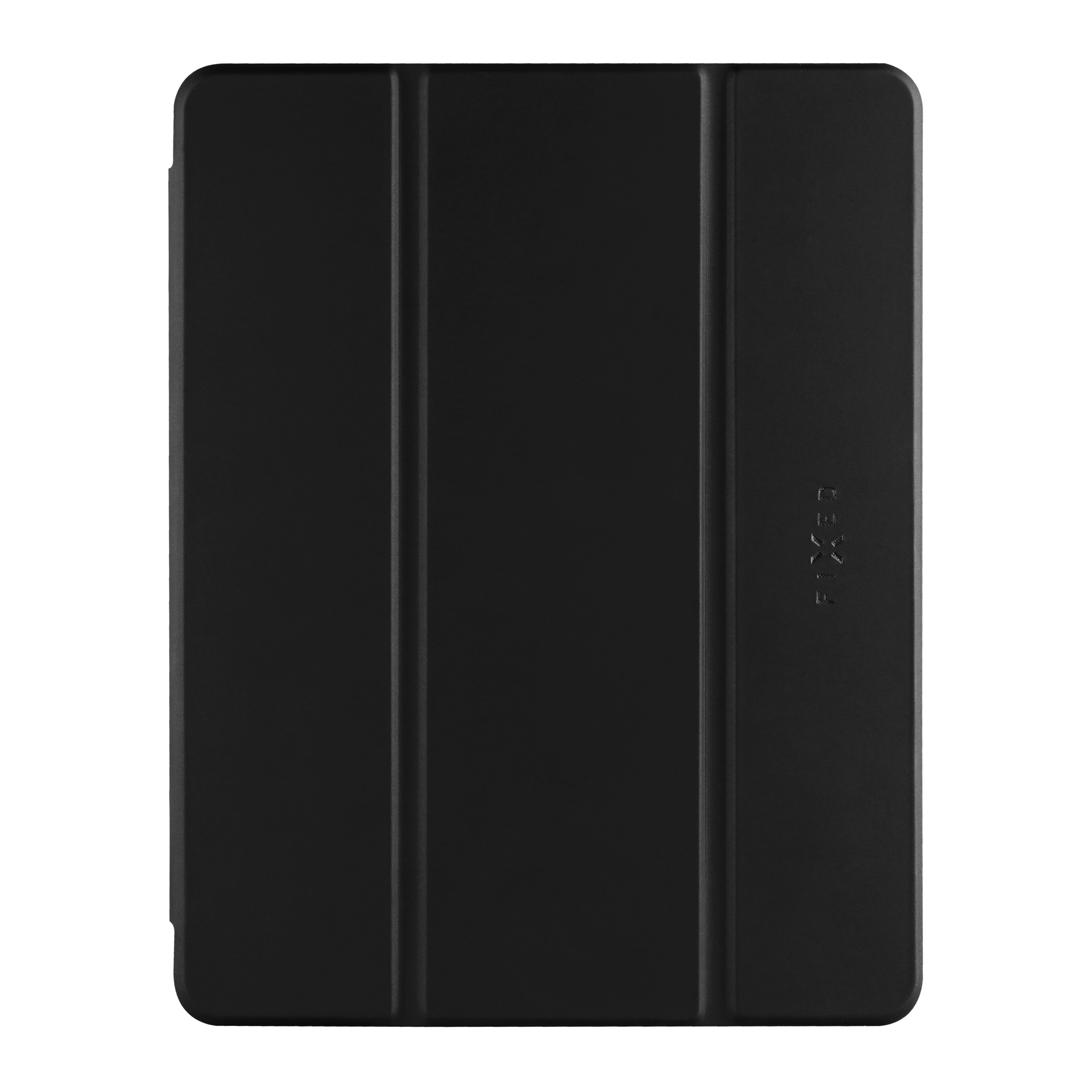 Schwarze Tablet-Hülle mit Faltdesign und geprägtem Logo auf weißem Hintergrund.