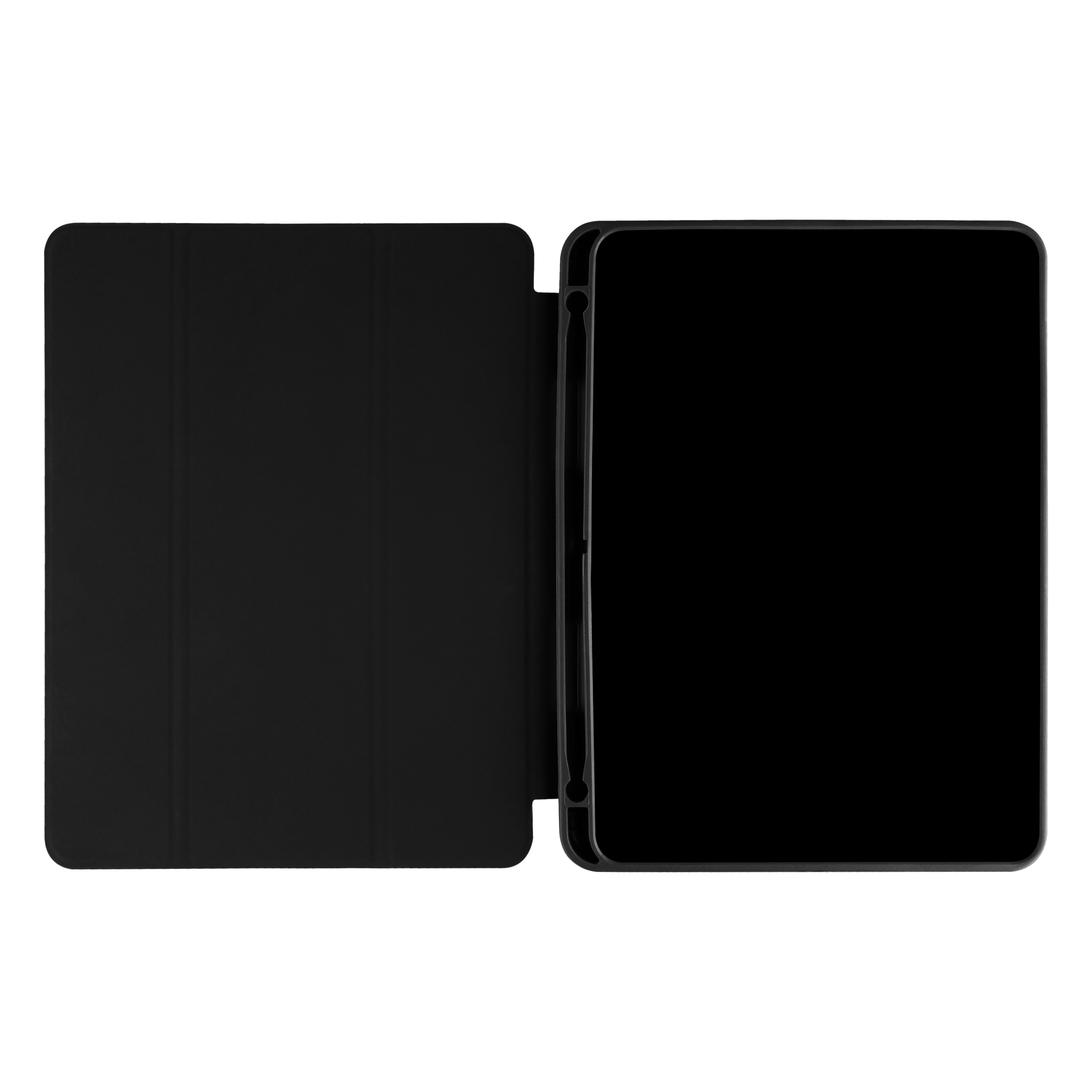 Ein offener schwarzer Tablet-Koffer mit integriertem Stifthalter liegt vor einem weißen Hintergrund.