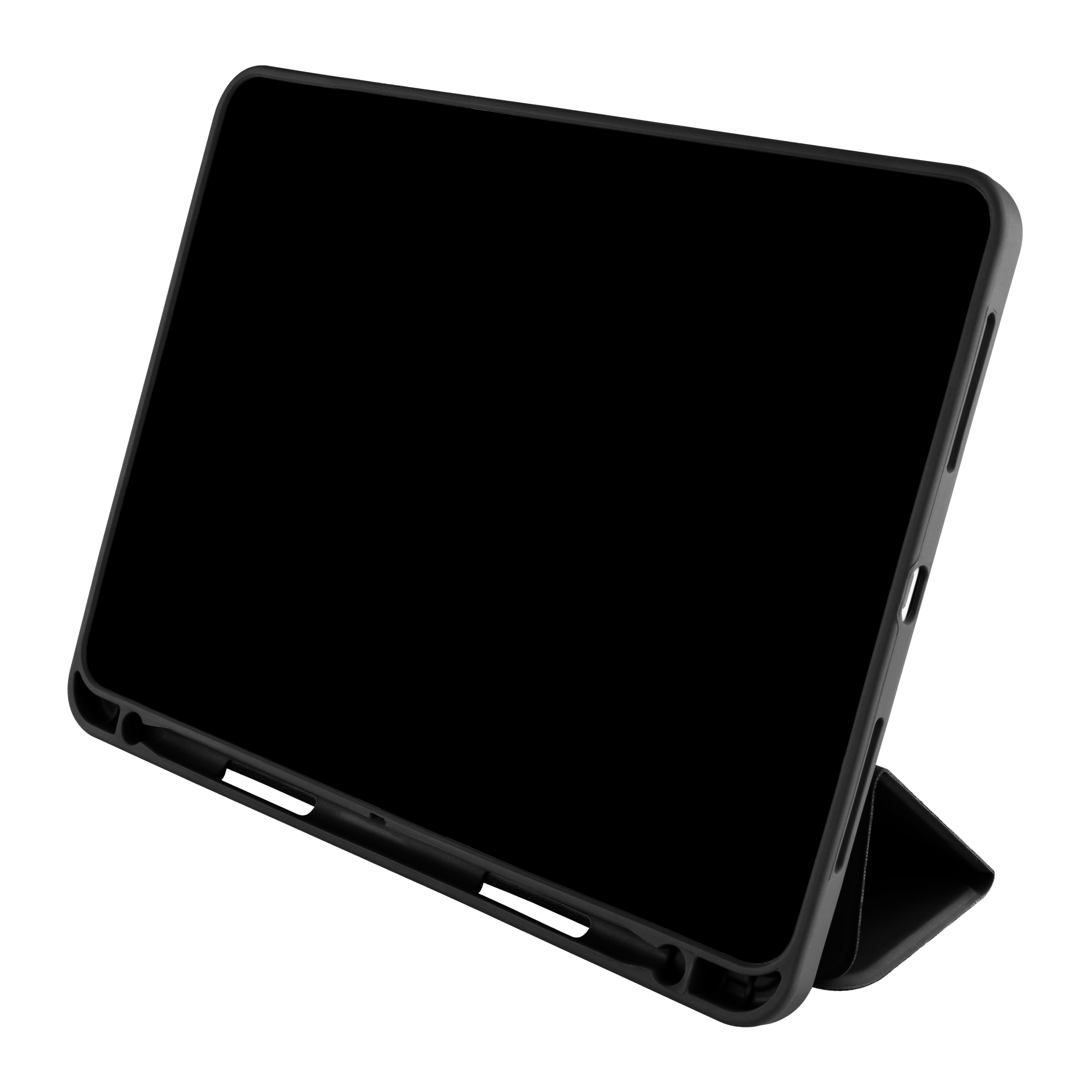 Ein schwarzes Tablet in einer Schutzhülle steht auf einer weißen Oberfläche.