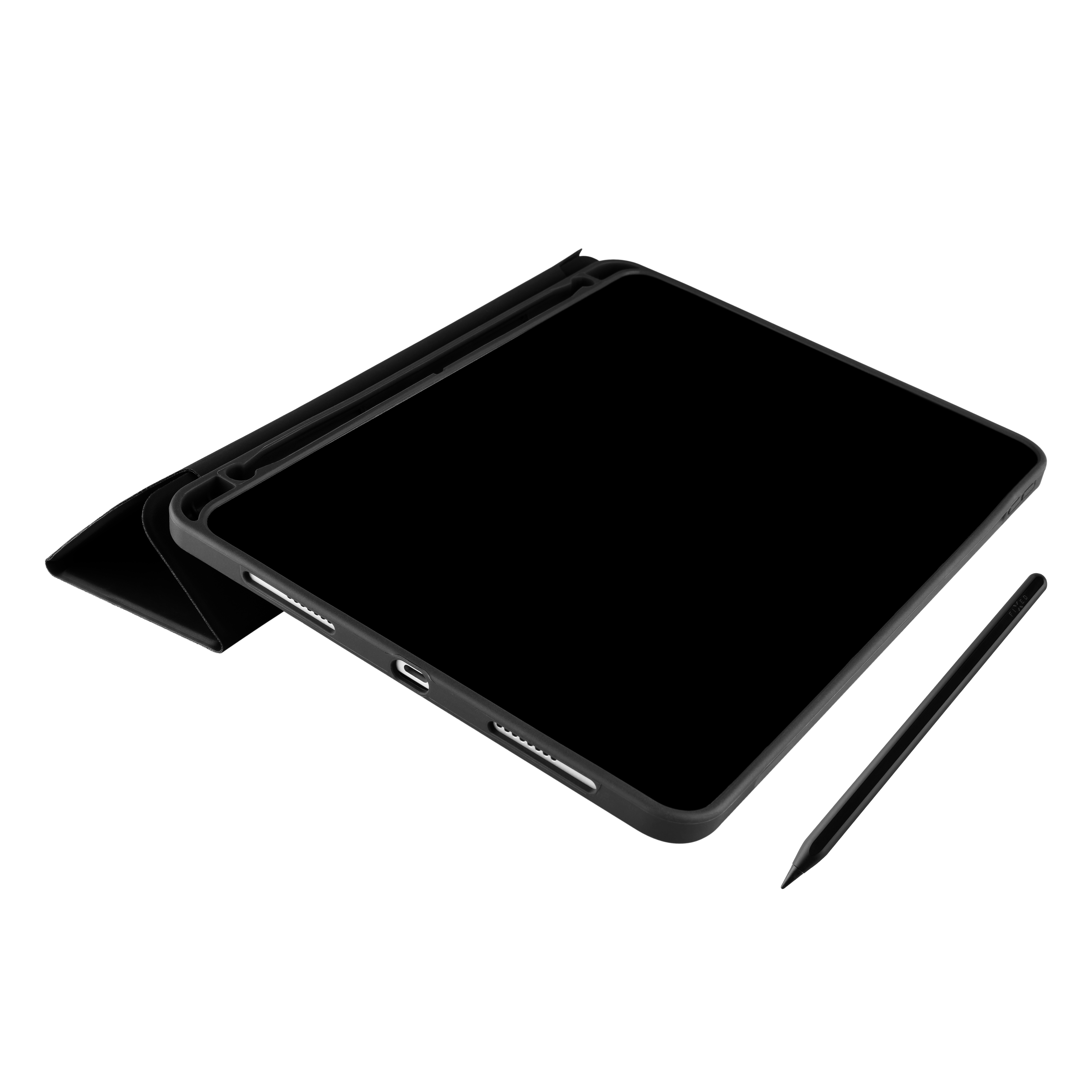 Ein schwarzes Tablet in einer Hülle mit geöffnetem Ständer, begleitet von einem passenden schwarzen Eingabestift auf weißem Hintergrund.
