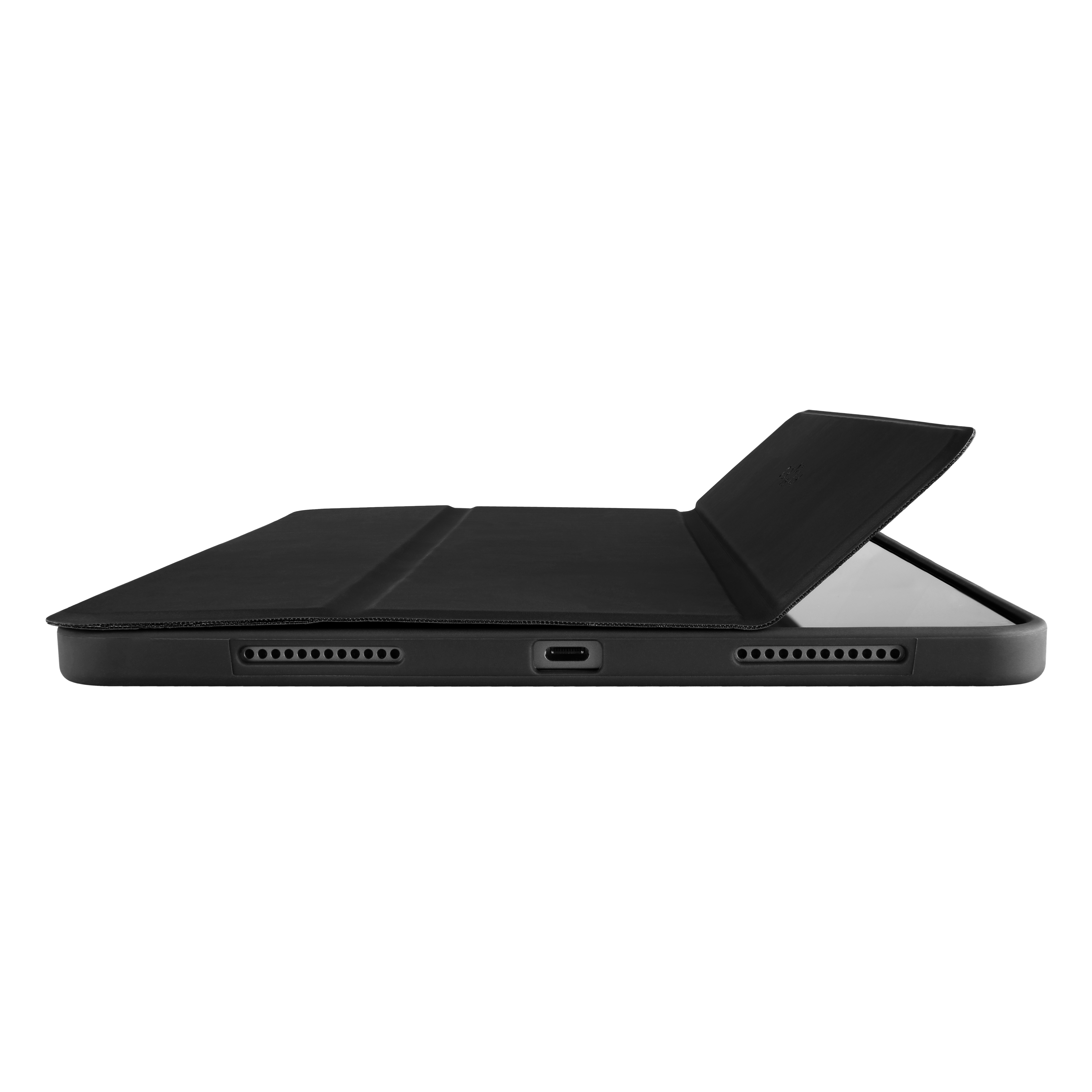 Ein schwarzes Tablet in einer Hülle, die unten Lautsprecher und einen Ladeanschluss zeigt.