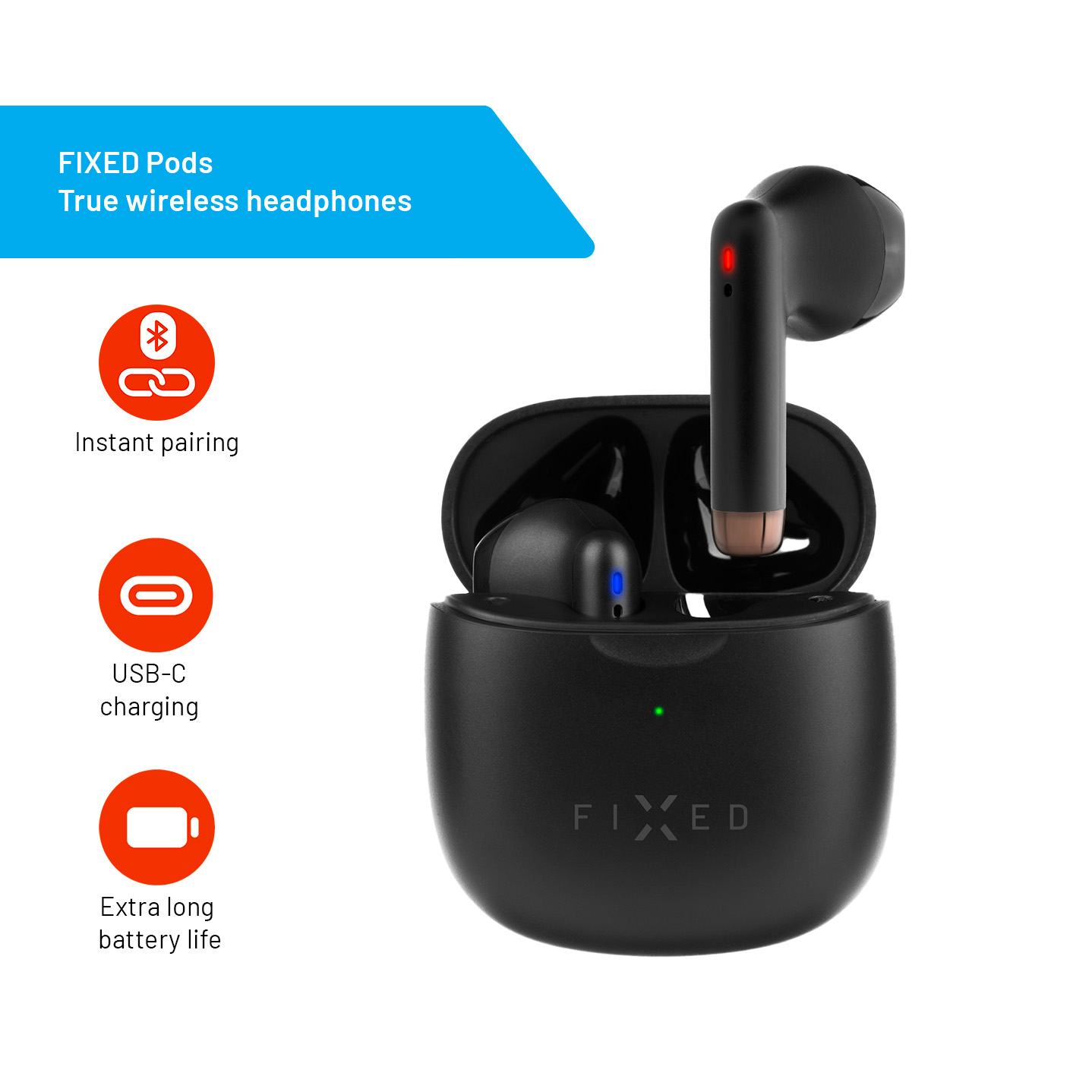 Schwarze FIXED Pods True Wireless Kopfhörer in ihrer Ladebox mit Icons für Bluetooth, USB-C und Akku.