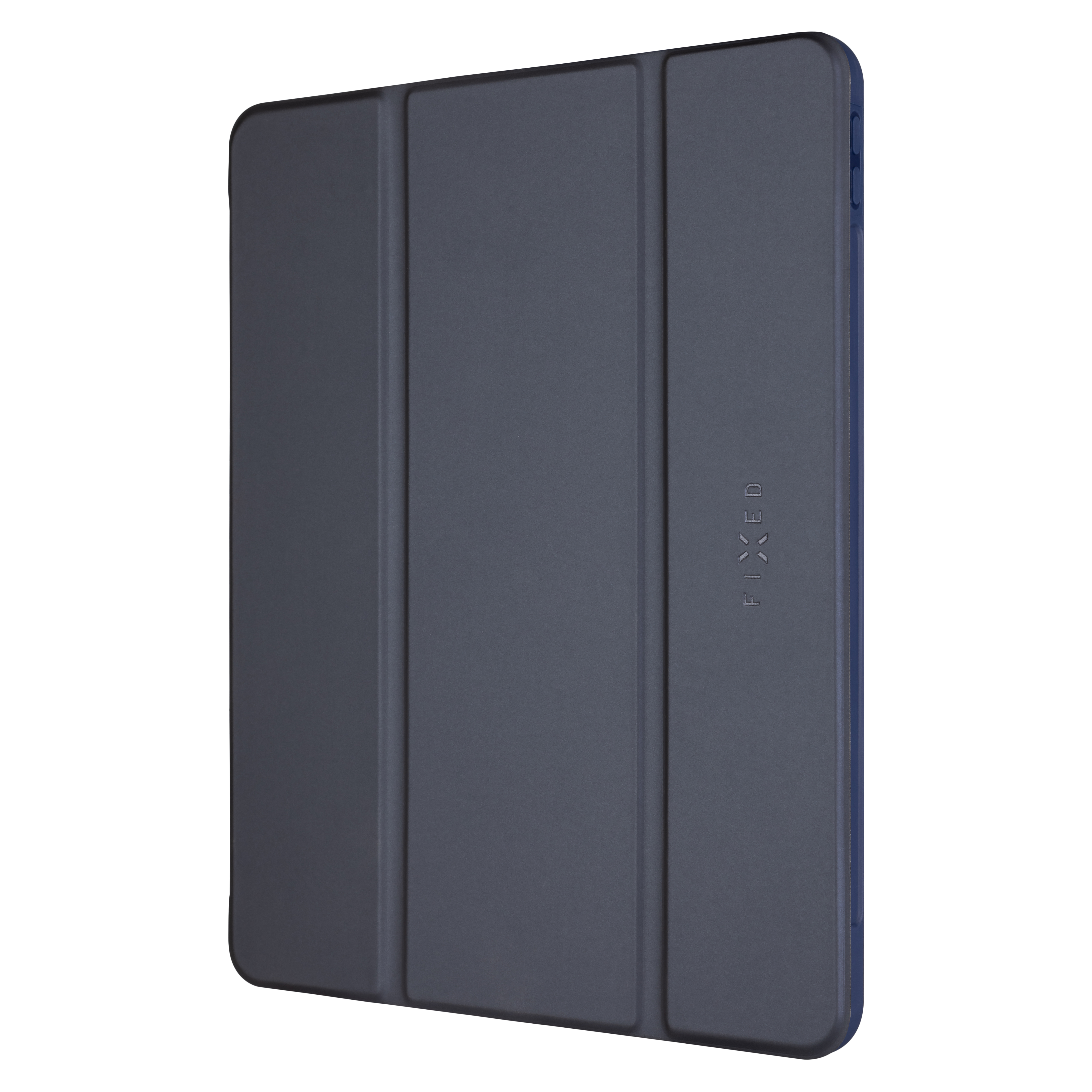 Dunkelblaue Tablet-Schutzhülle im geschlossenen Zustand mit eingeprägtem Logo auf einer weißen Hintergrundfläche.