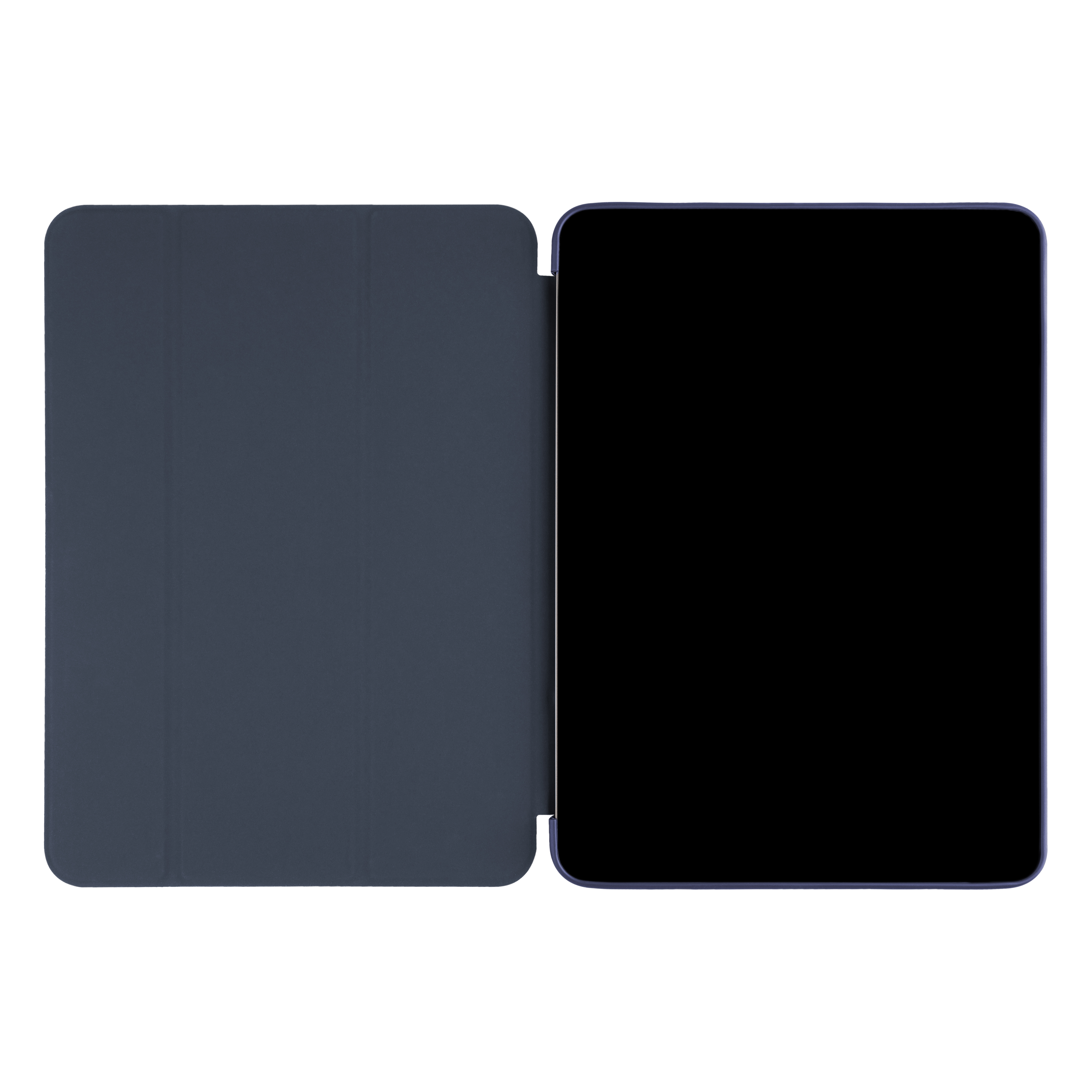 Ein offenes Tablet mit einer blauen Schutzhülle auf weißem Hintergrund.