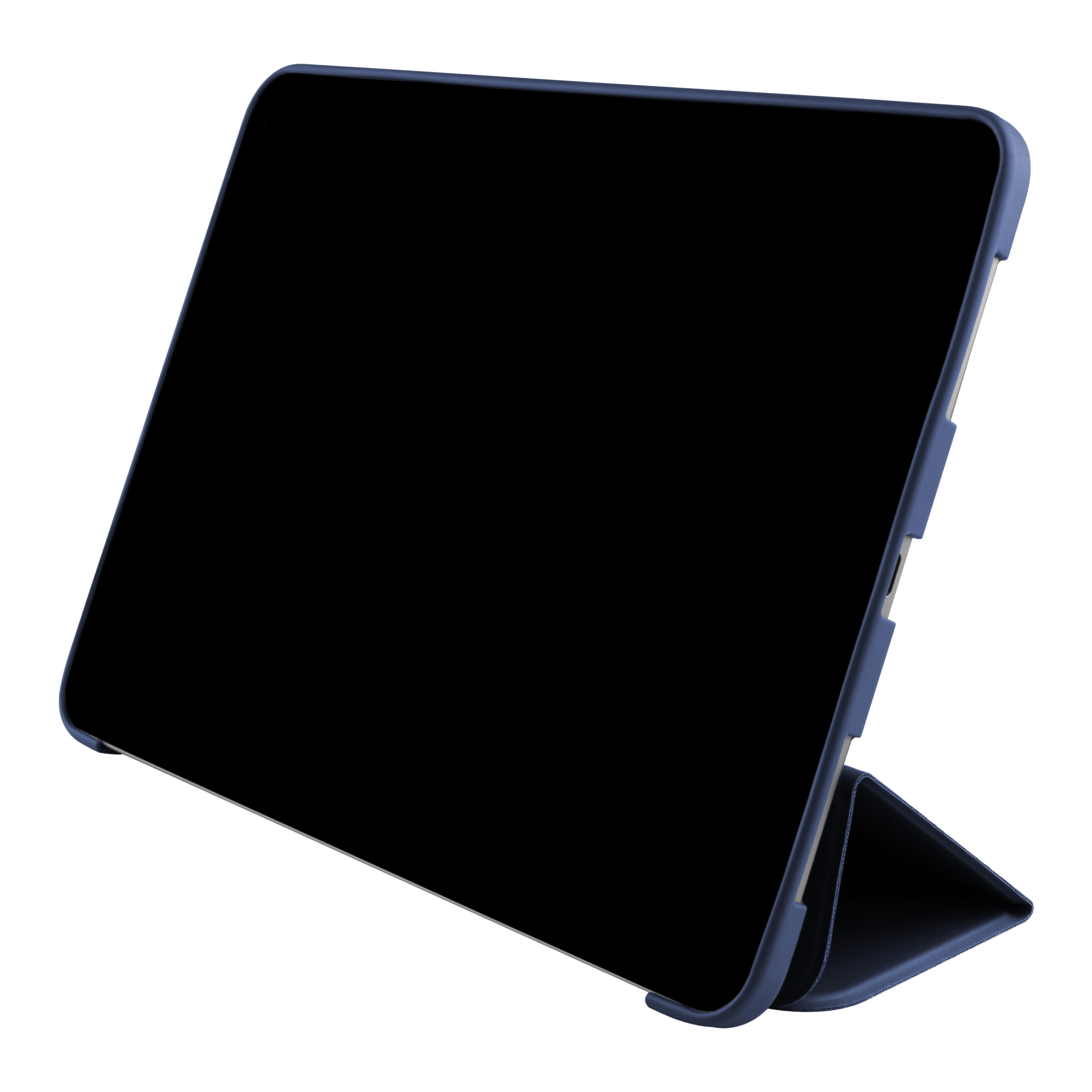 Ein Tablet in einer blauen Schutzhülle steht auf einer weißen Oberfläche.