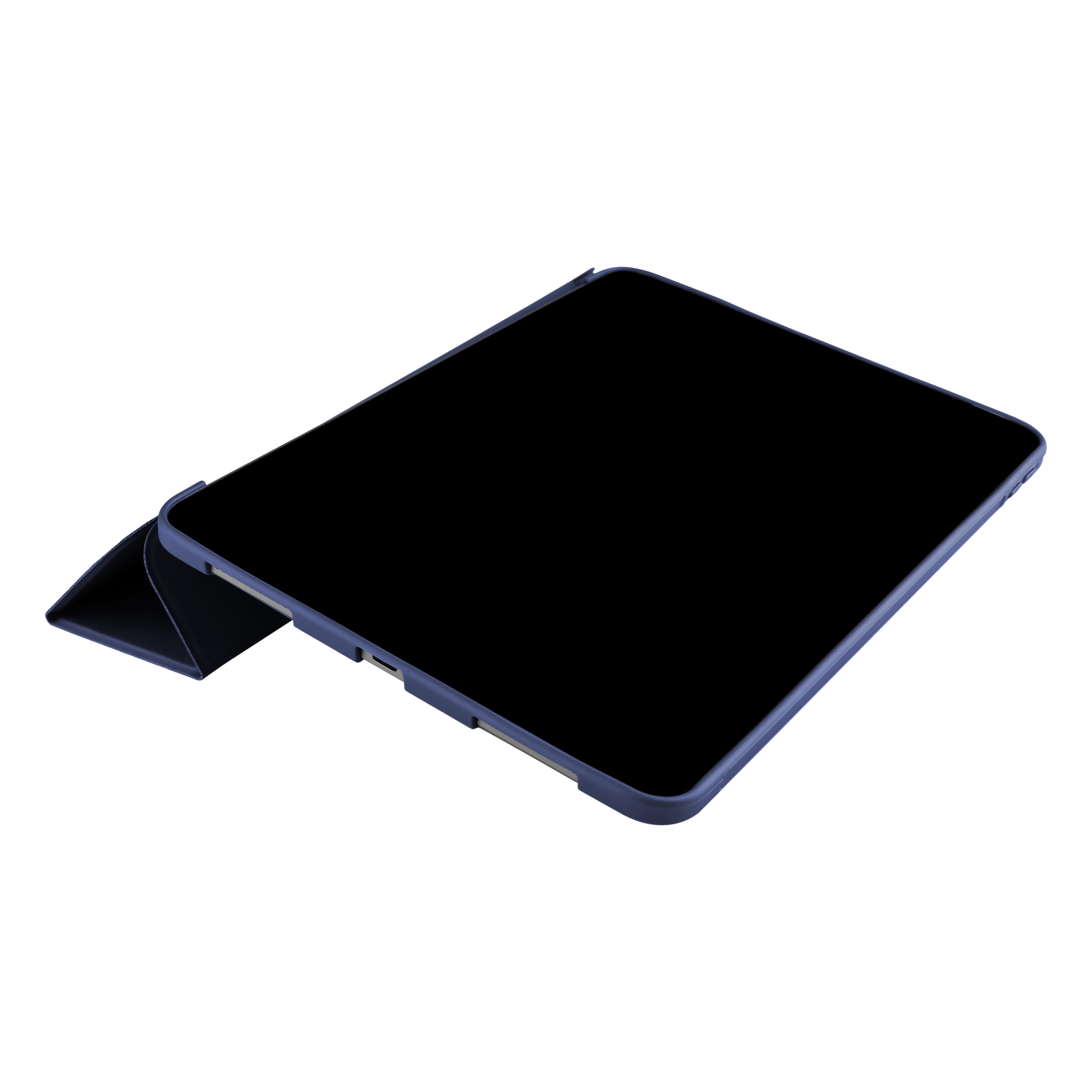 Ein Tablet in einer blauen Schutzhülle mit integriertem Ständer auf weißem Hintergrund.