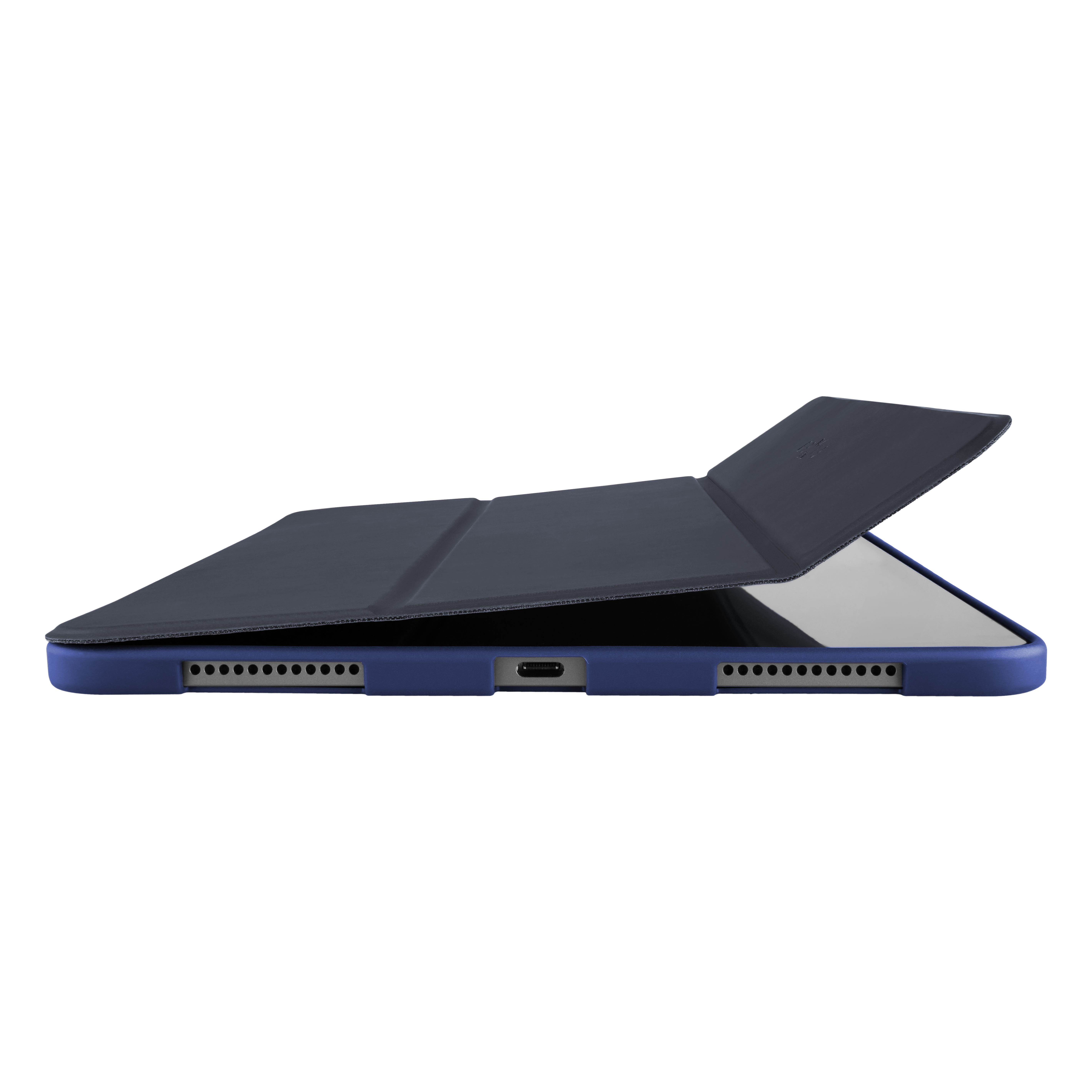 Ein blaues Tablet in Hülle, der Deckel ist leicht geöffnet, mit USB-C-Anschluss und Lautsprechern.