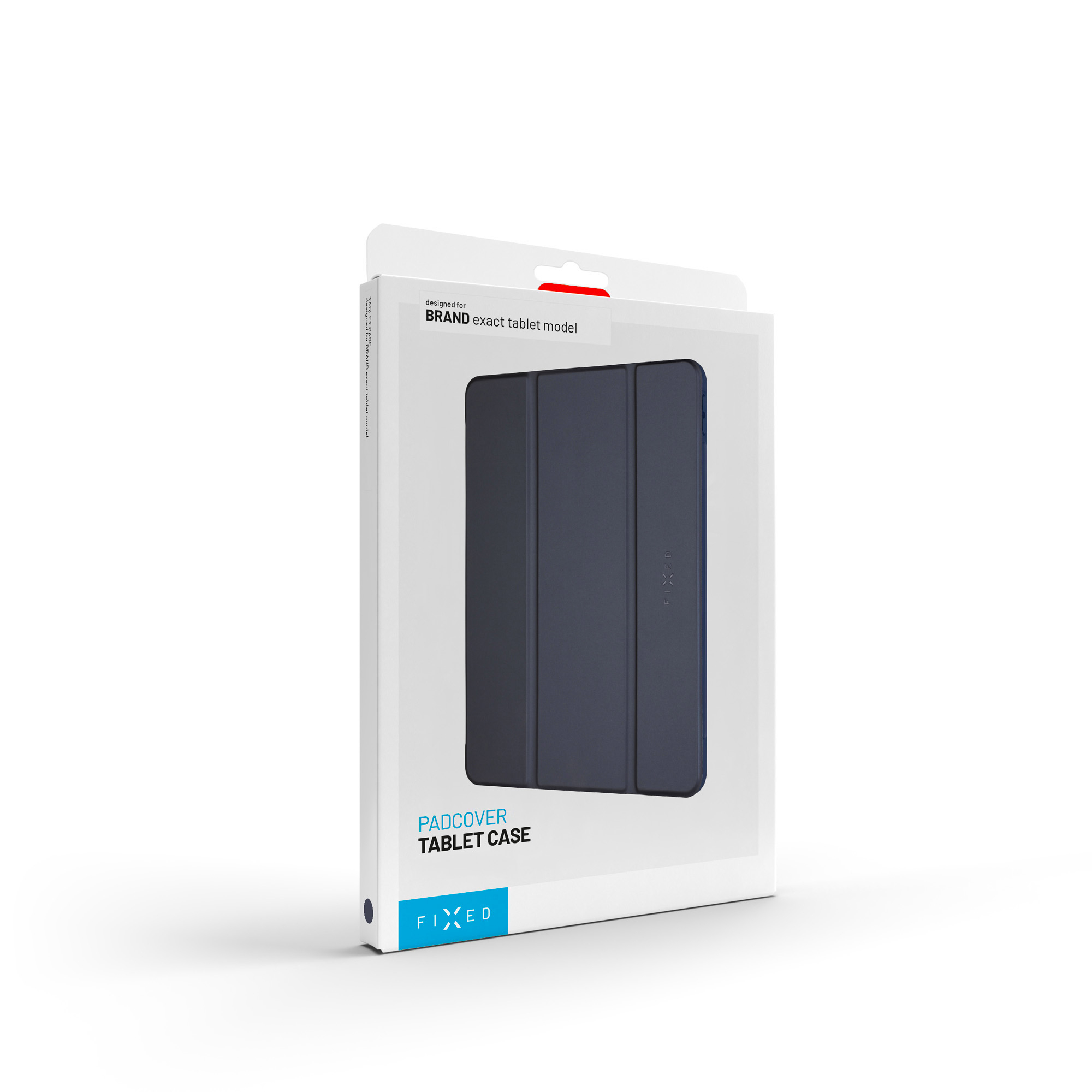 Eine weiße Verkaufsschachtel für eine blaue FIXED Padcover Tablet-Hülle auf weißem Hintergrund.