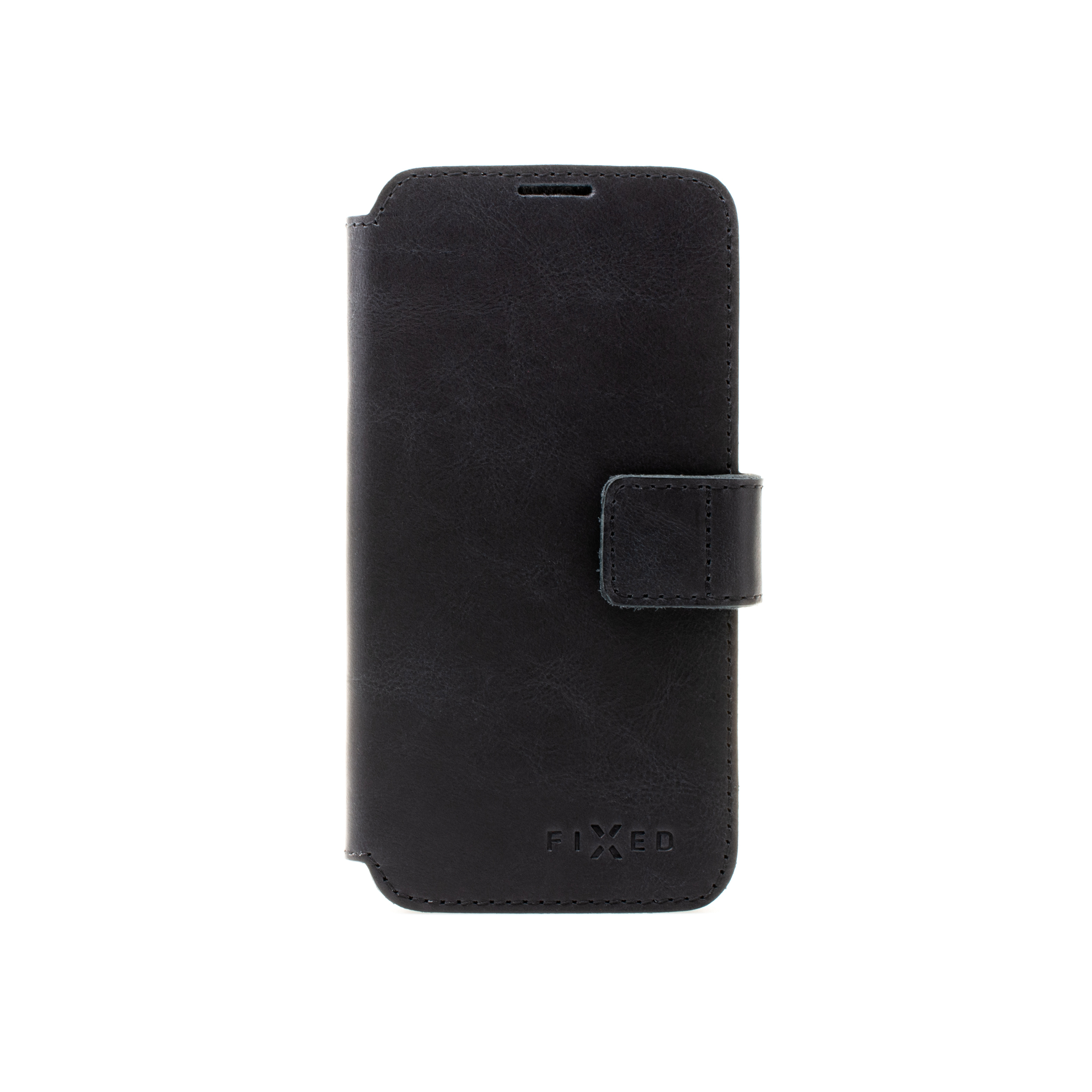 Ein geschlossenes, schwarzes Ledertaschen-Flipcase mit Magnetverschluss und geprägtem Markennamen FIXED vor weißem Hintergrund.