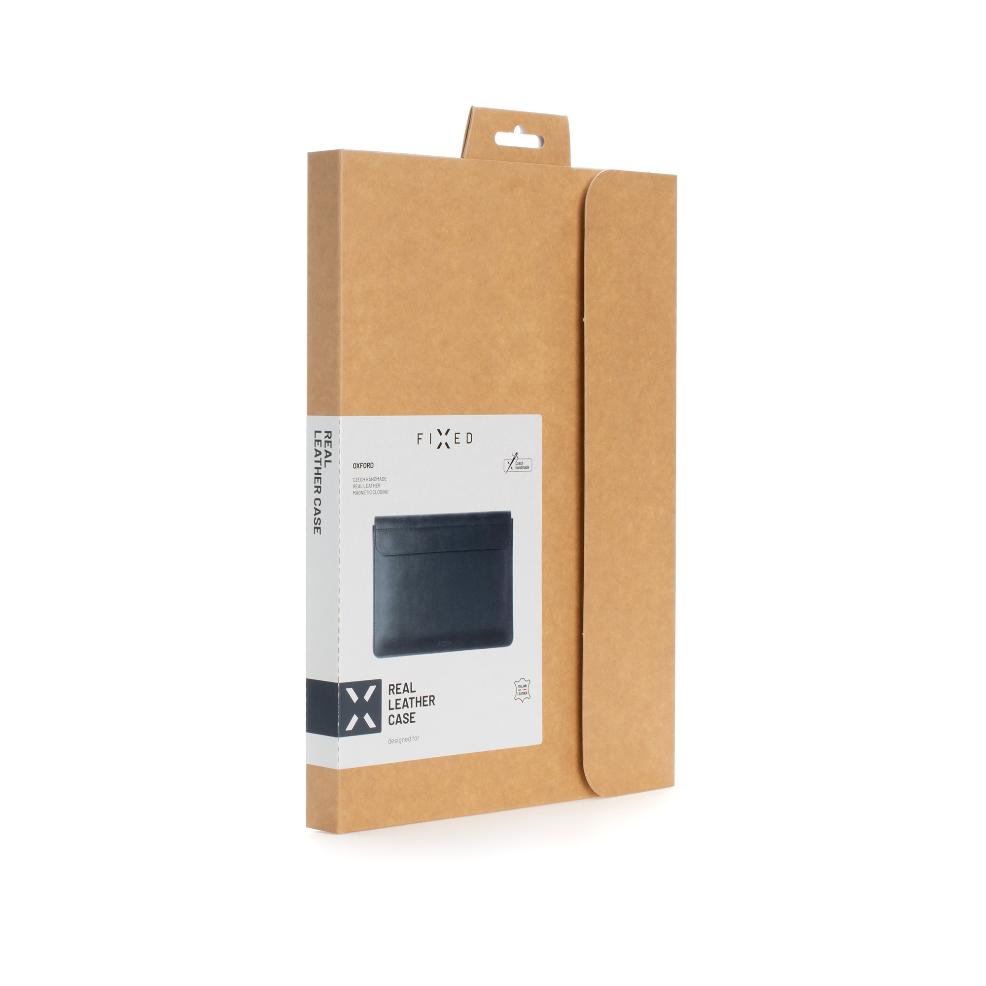 Braune Kartonverpackung für eine Fixed-Echtledertasche mit Produktbild und Etikett auf der Vorderseite.