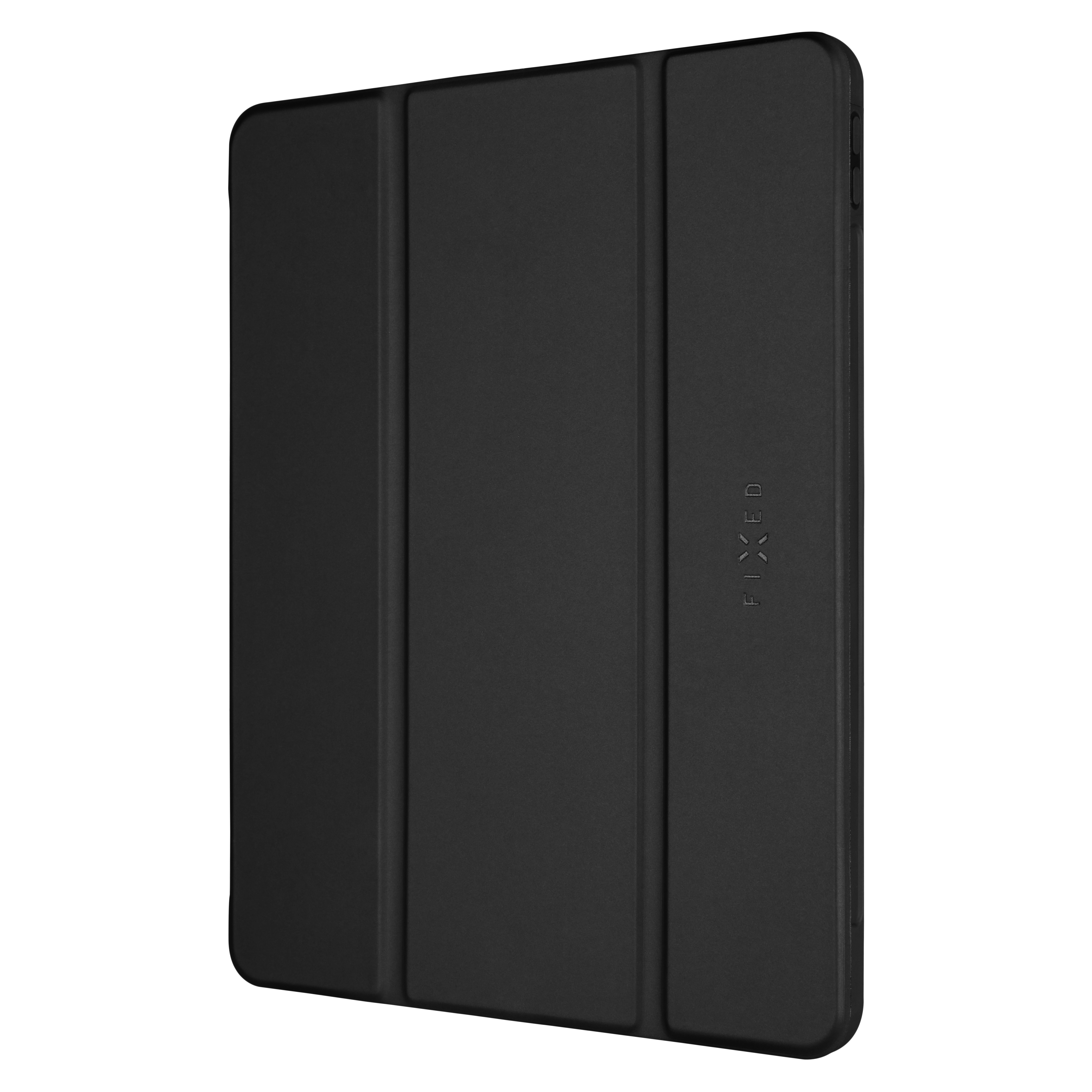 Una custodia per tablet nera chiusa con tre pannelli pieghevoli e il marchio FIXED impresso a destra.