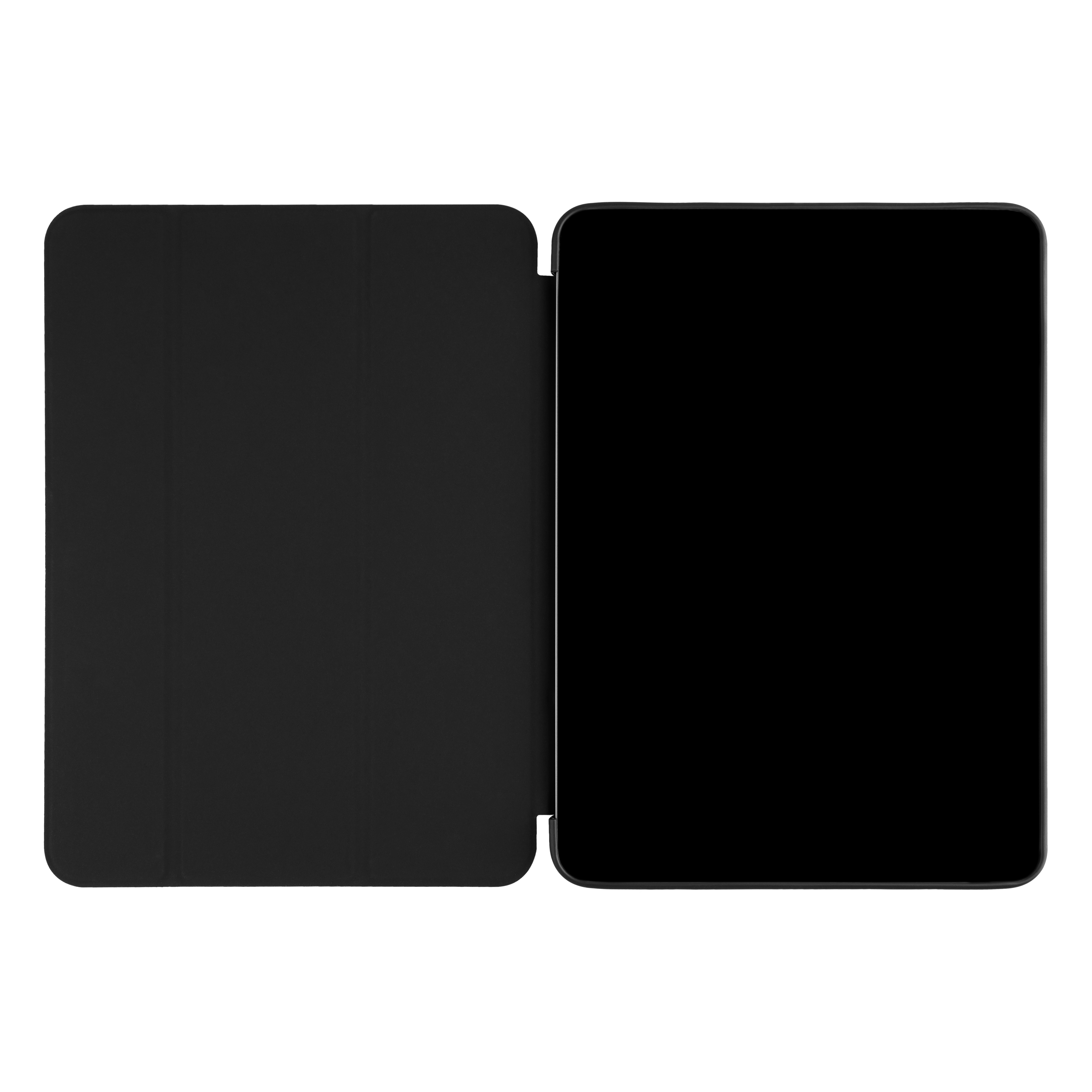 Ein offener schwarzer Tablet-Ständer mit schwarzem Bildschirm auf weißem Hintergrund.