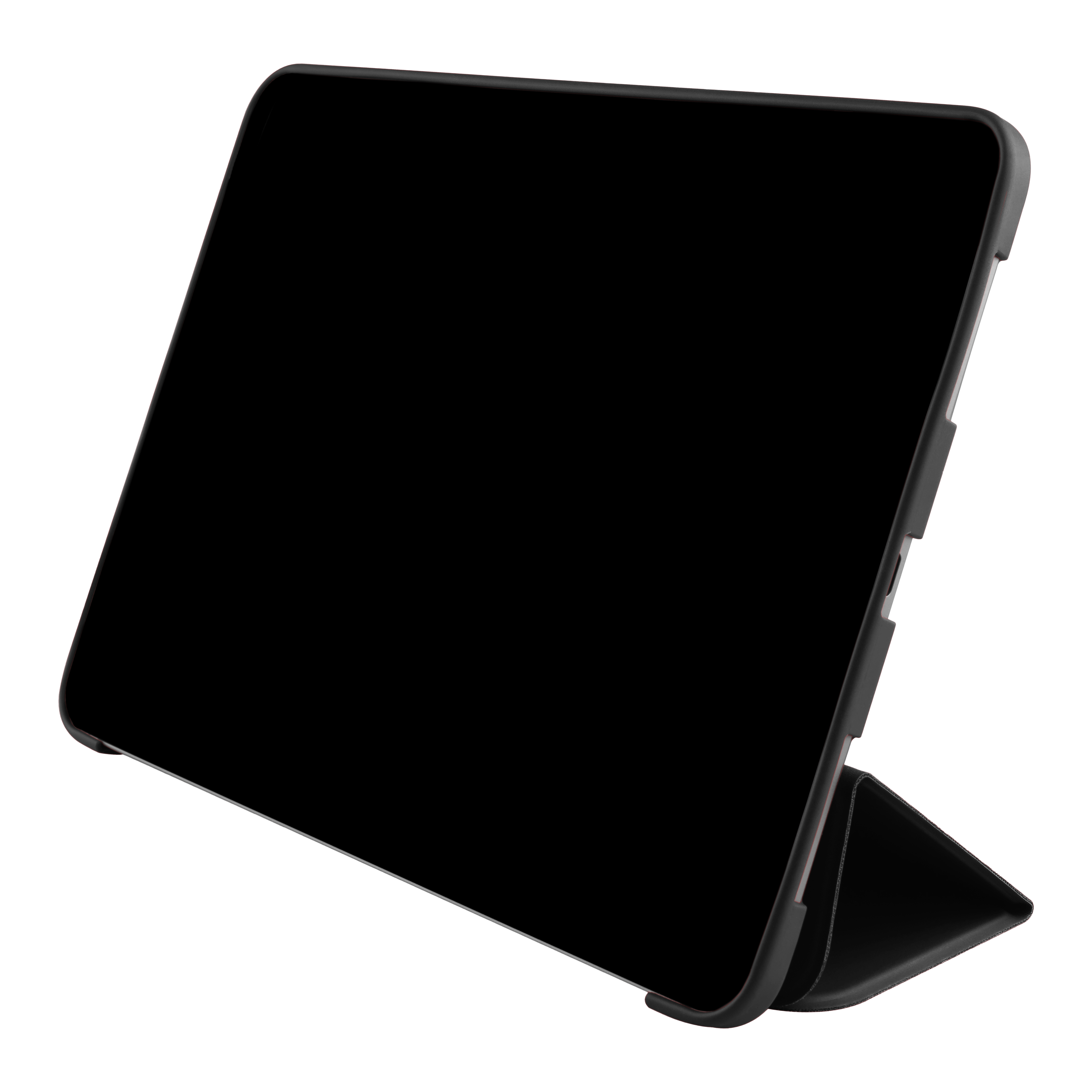 Ein schwarzes Tablet in einer Schutzhülle steht aufrecht auf weißem Hintergrund, leicht geneigt.