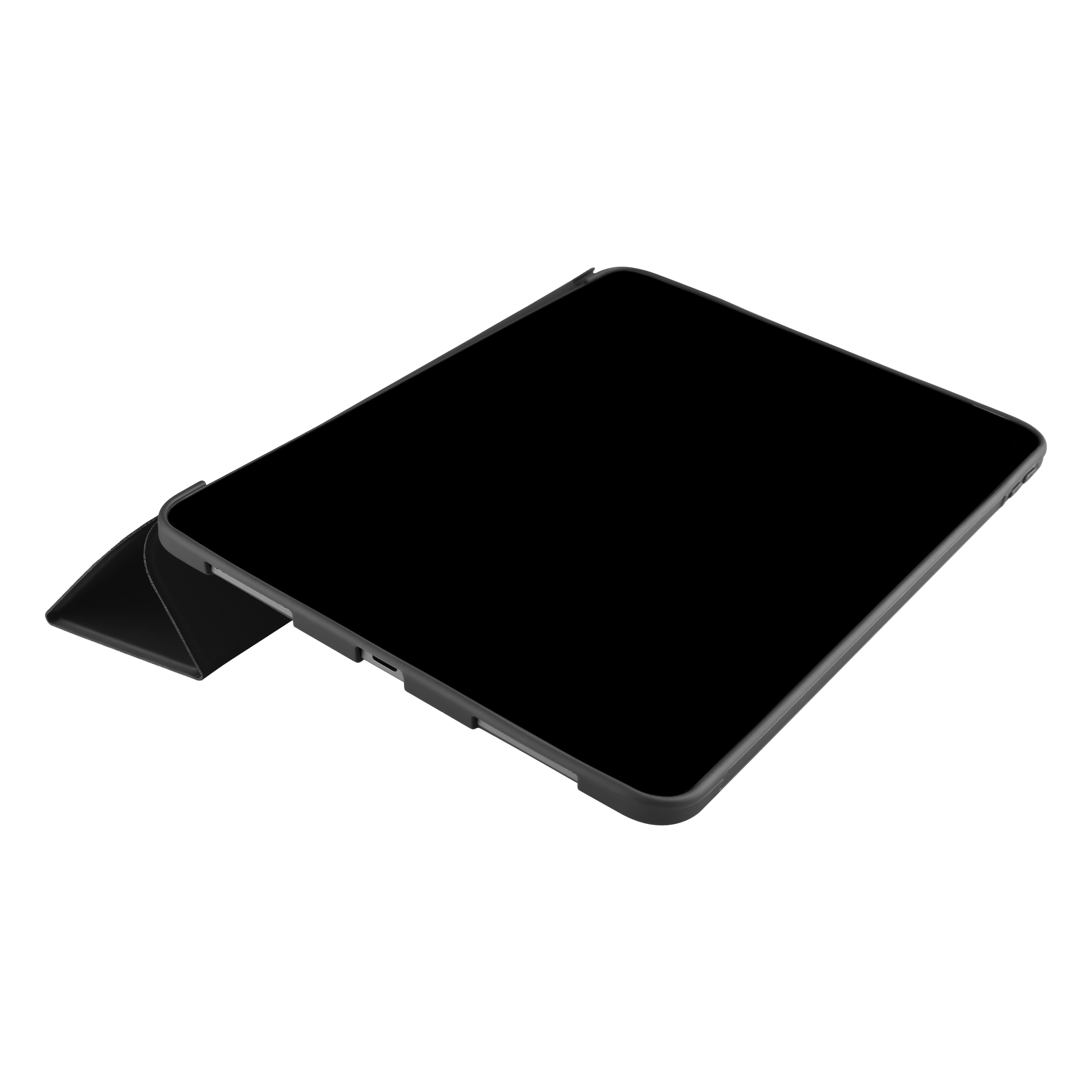 Ein schwarzes Tablet in Schutzhülle aus erhöhter Perspektive auf weißem Grund.