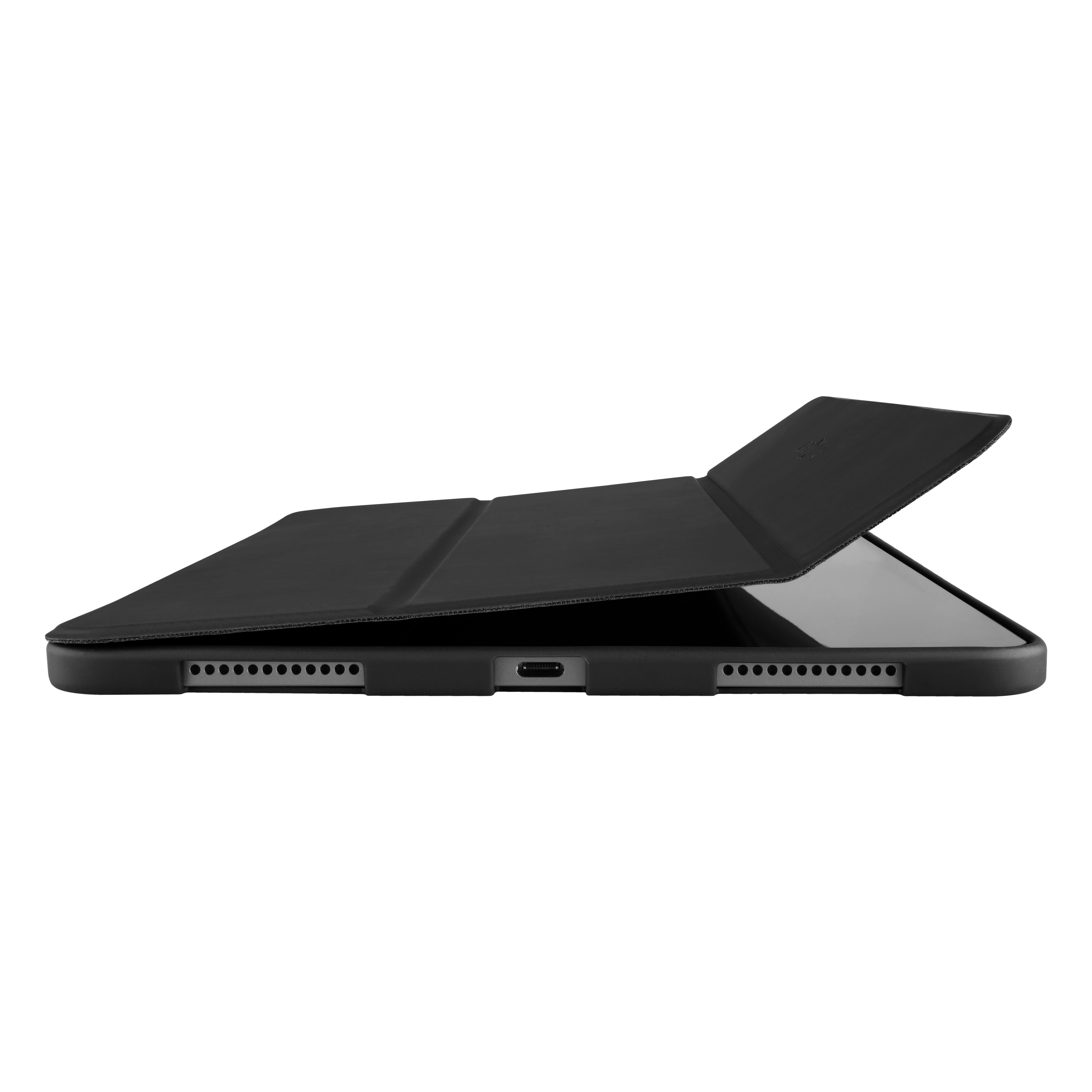 Eine schwarze Tablet-Hülle, die teilweise geöffnet ist und die Lautsprecher und den Ladeanschluss zeigt.