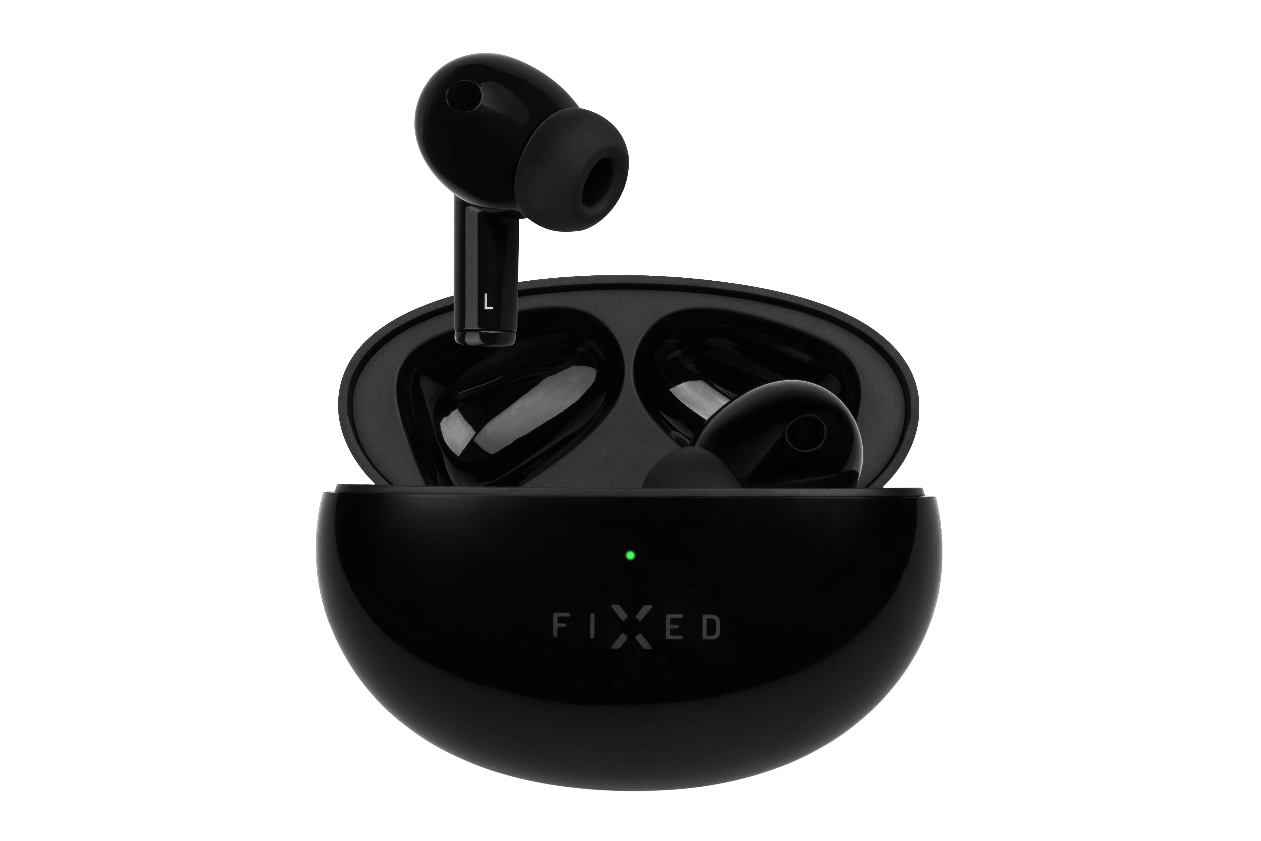 Schwarze kabellose In-Ear-Kopfhörer in einer offenen Ladebox mit der Aufschrift FIXED.