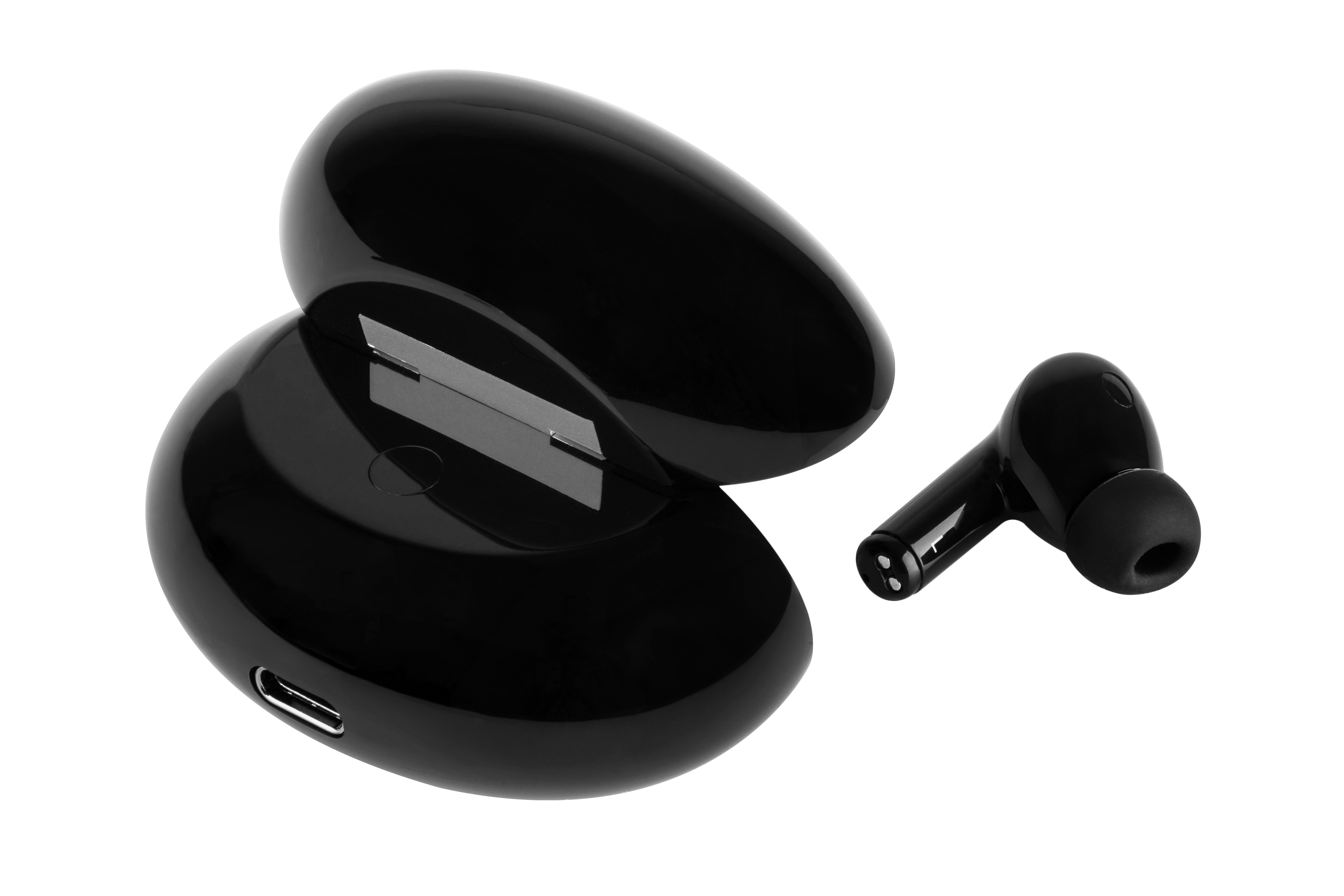 Glänzendes schwarzes Ladeetui und ein einzelner In-Ear-Kopfhörer auf weißem Hintergrund.