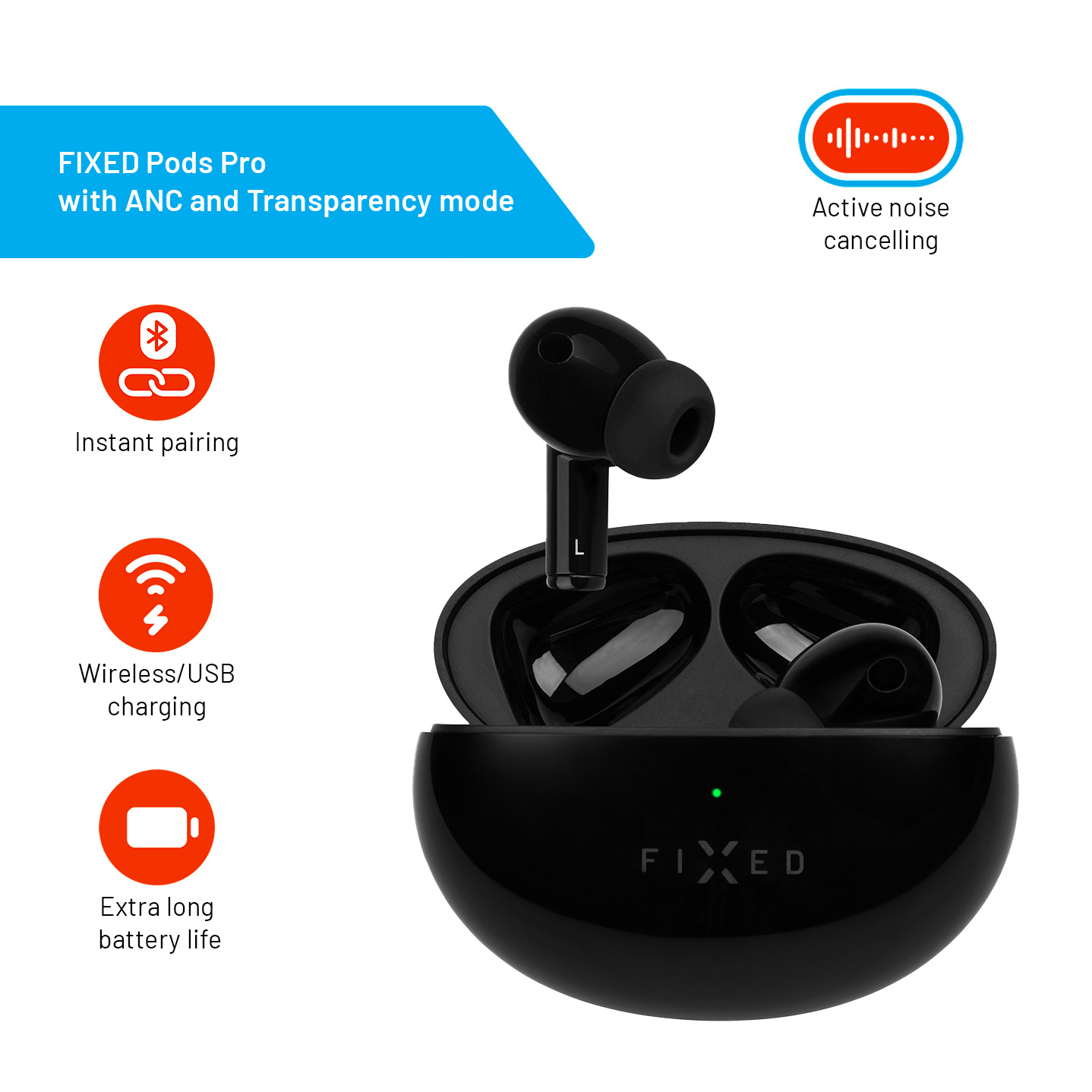 Schwarze FIXED Pods Pro In-Ear-Kopfhörer in Ladecase mit Icons für ANC, Bluetooth und Akku.