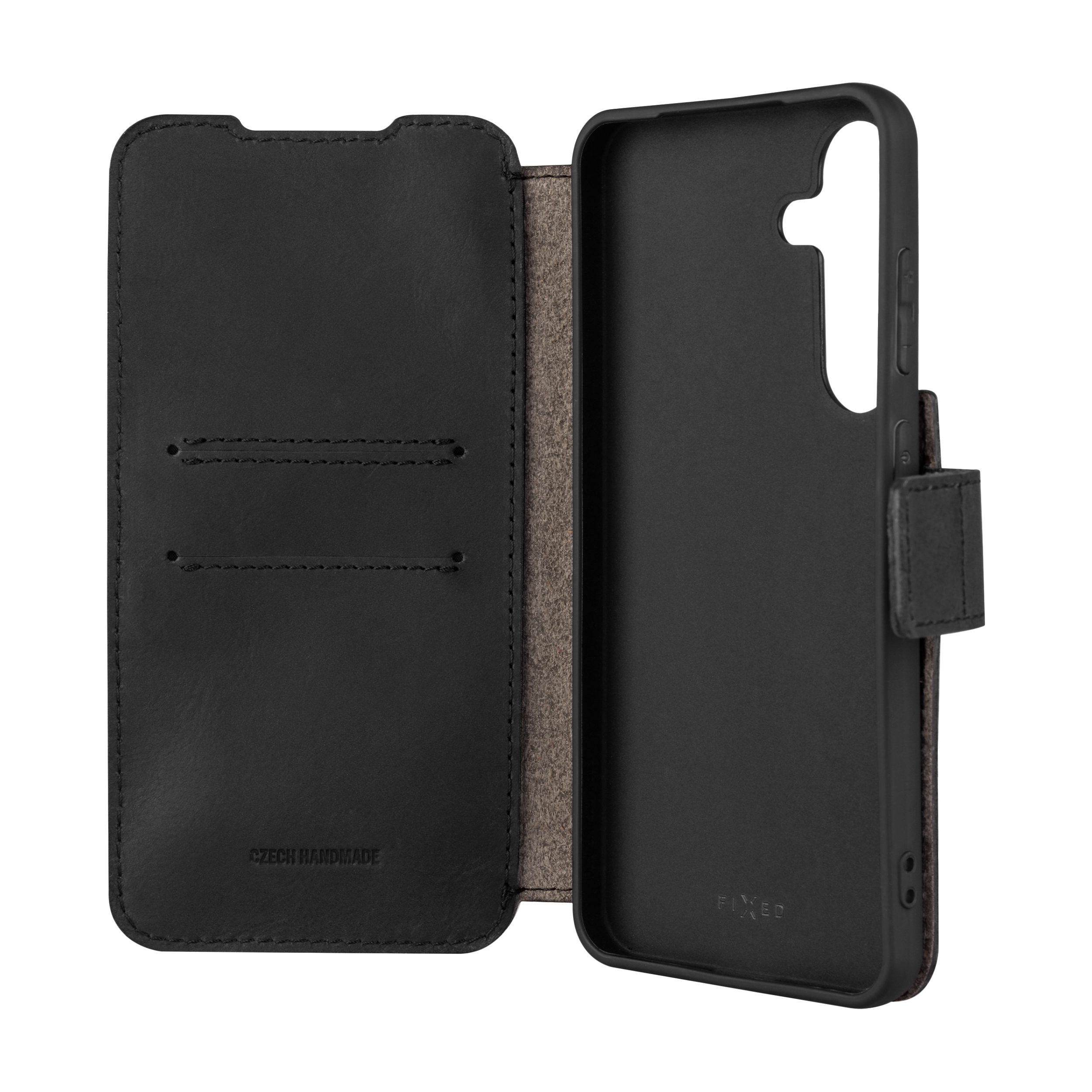 Ein offenes schwarzes Leder-Handy-Flip-Case mit integrierten Kartenfächern und einem Markenlogo auf der Innenseite.
