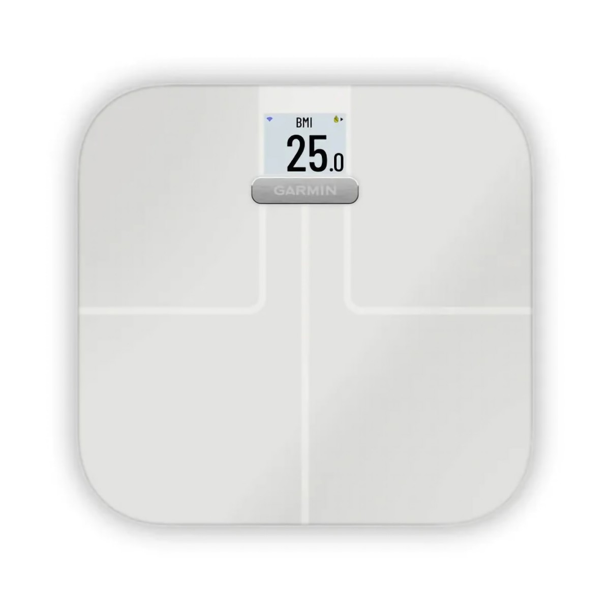 Una bilancia intelligente Garmin bianca mostra un valore BMI di 25.0 sullo schermo digitale.