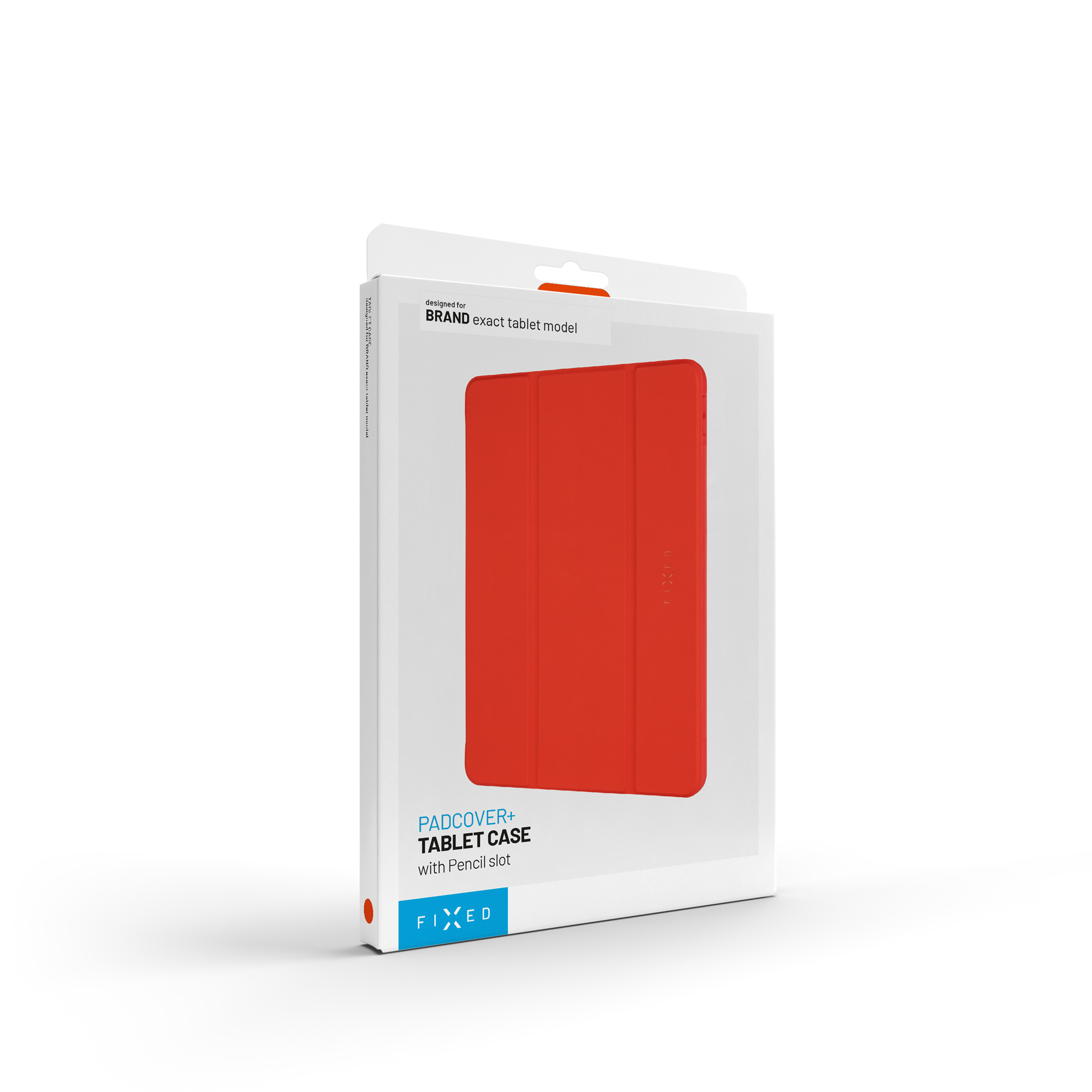 Eine weiße Verpackung für ein rotes FIXED Padcover Tablet-Case mit Stifthalter auf weißem Hintergrund.