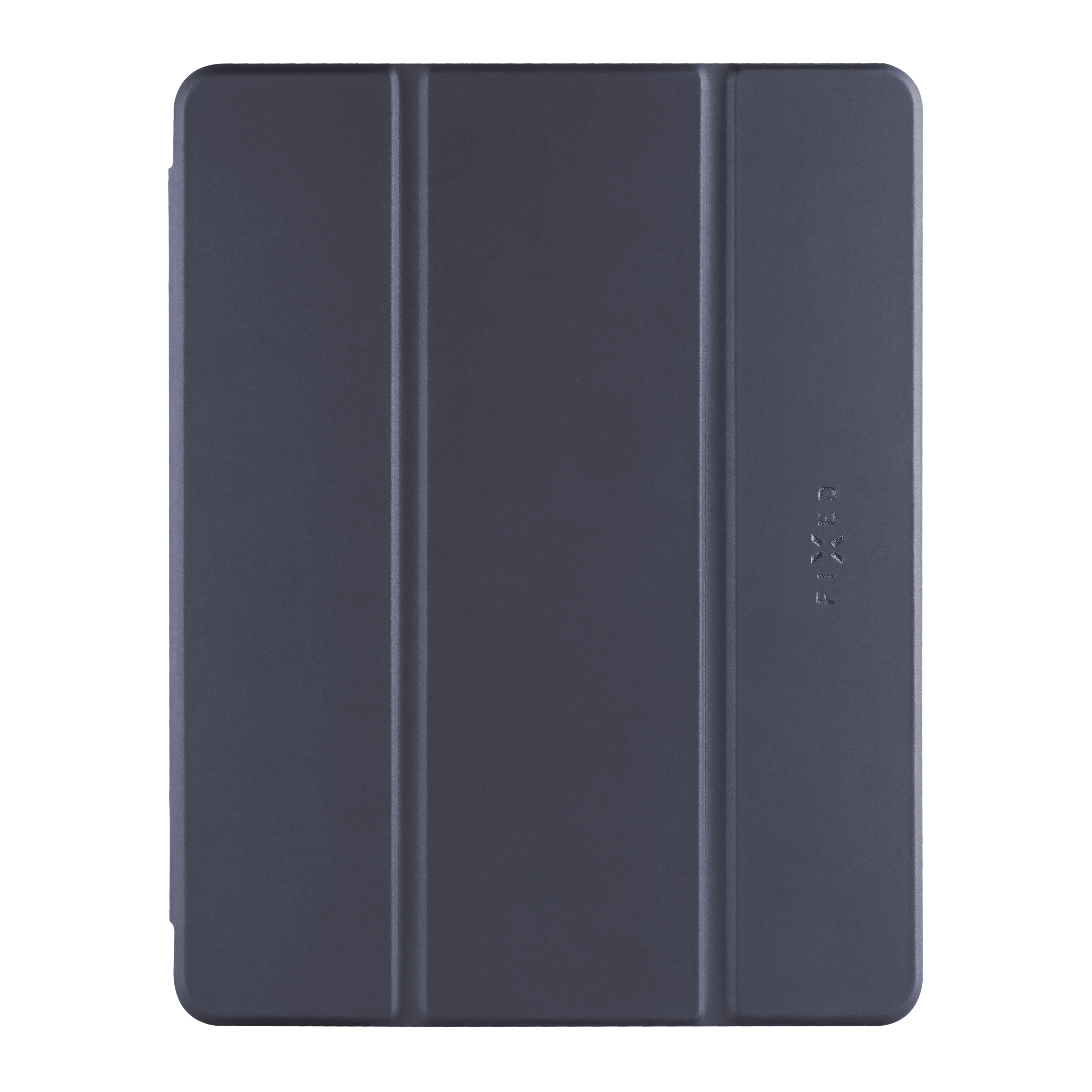 Una funda de tableta gris con pliegues verticales y la palabra FIXED en relieve.