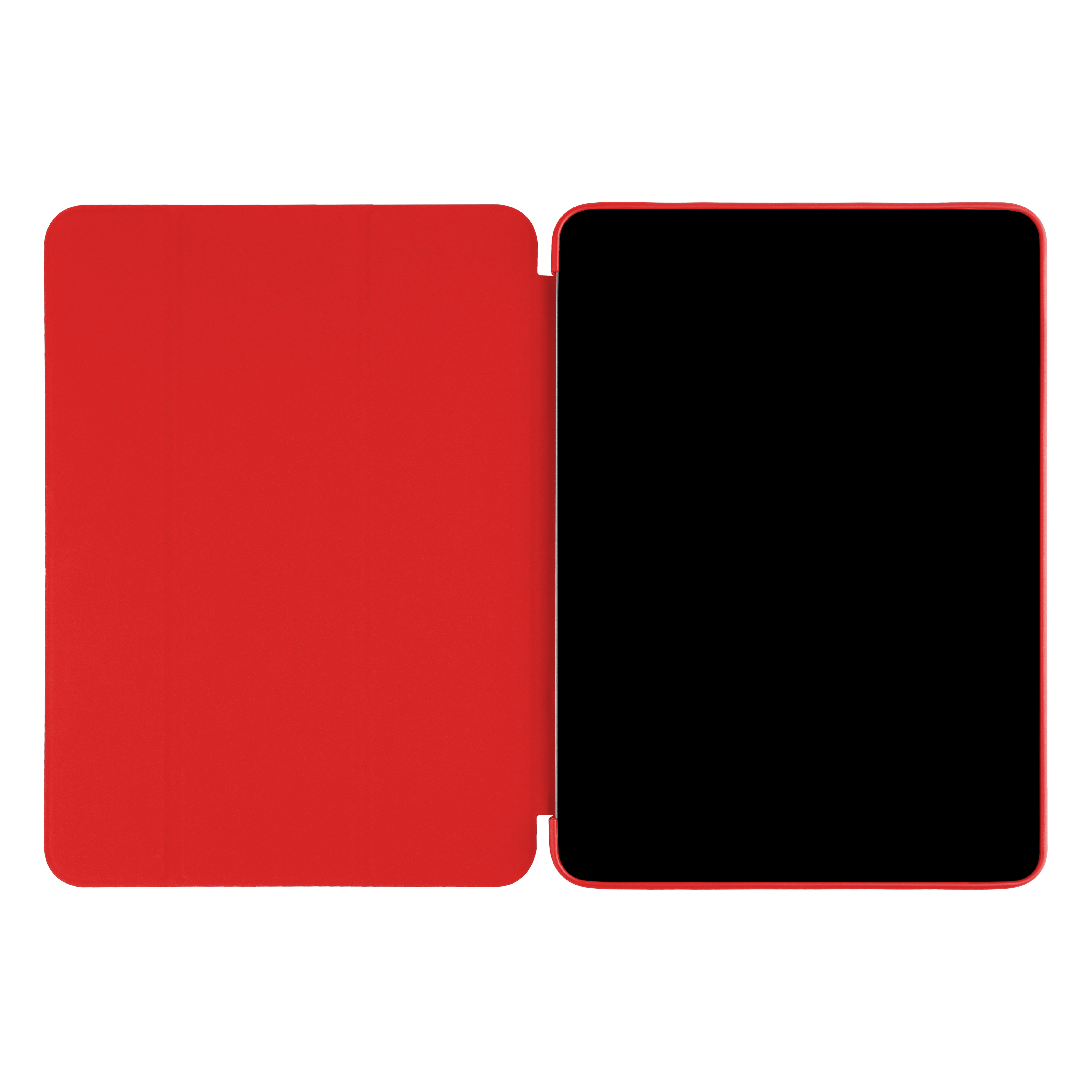 Ein rotes Tablet-Case ist geöffnet und zeigt den leeren schwarzen Bildschirm.