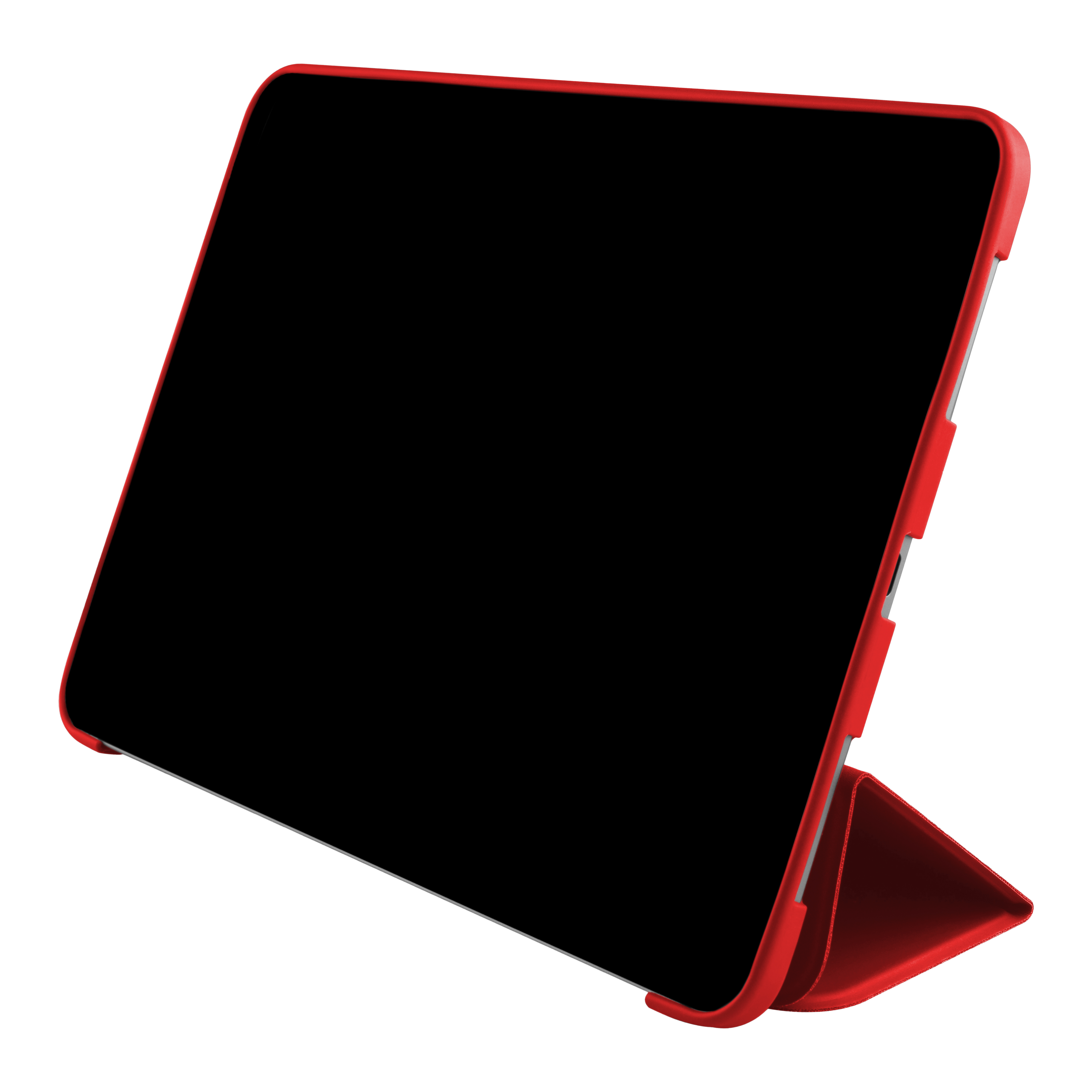 Ein Tablet mit rotem Schutzcover steht auf einem weißen Hintergrund.