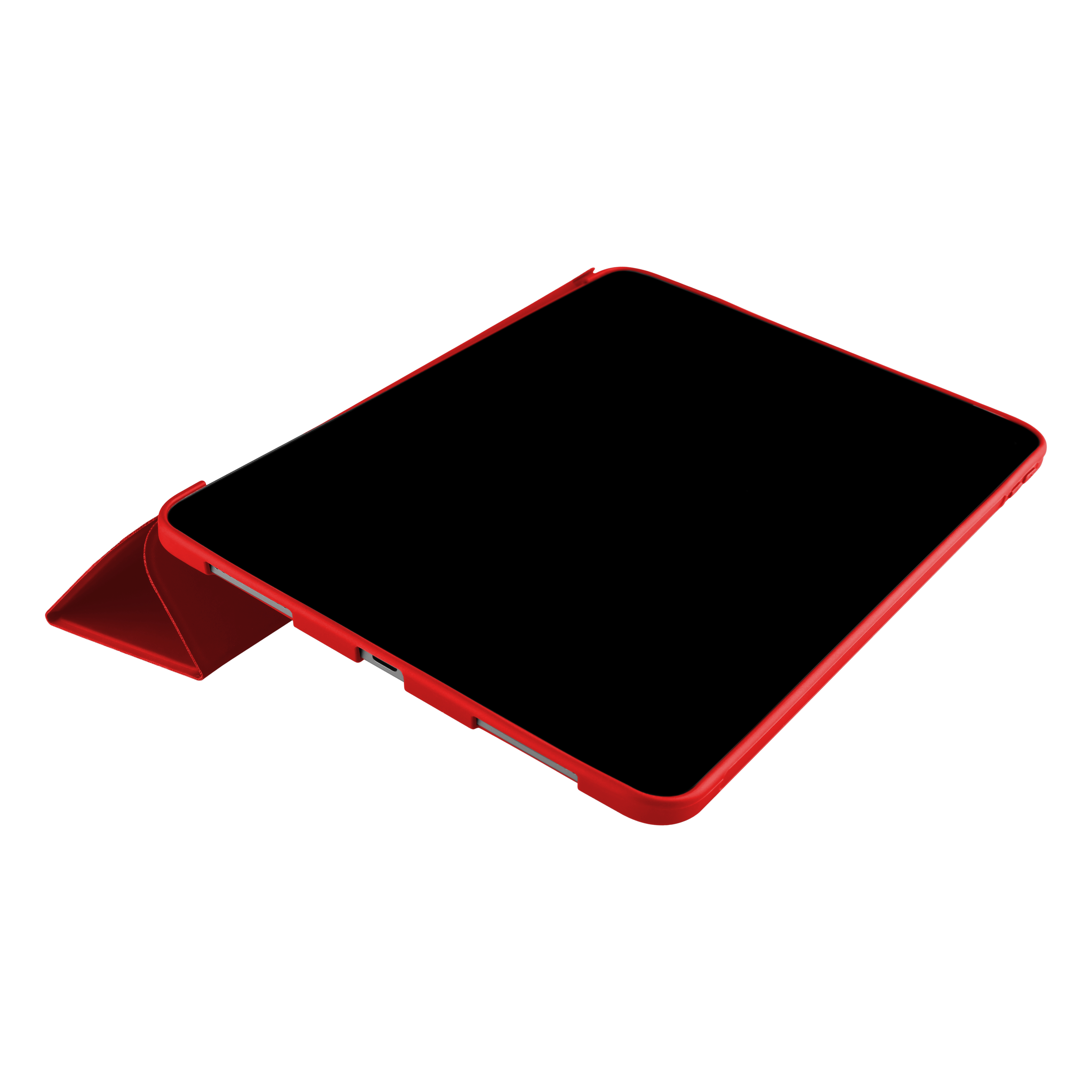 Ein Tablet in einer roten Hülle mit abgewinkeltem Ständer liegt auf einer weißen Oberfläche.