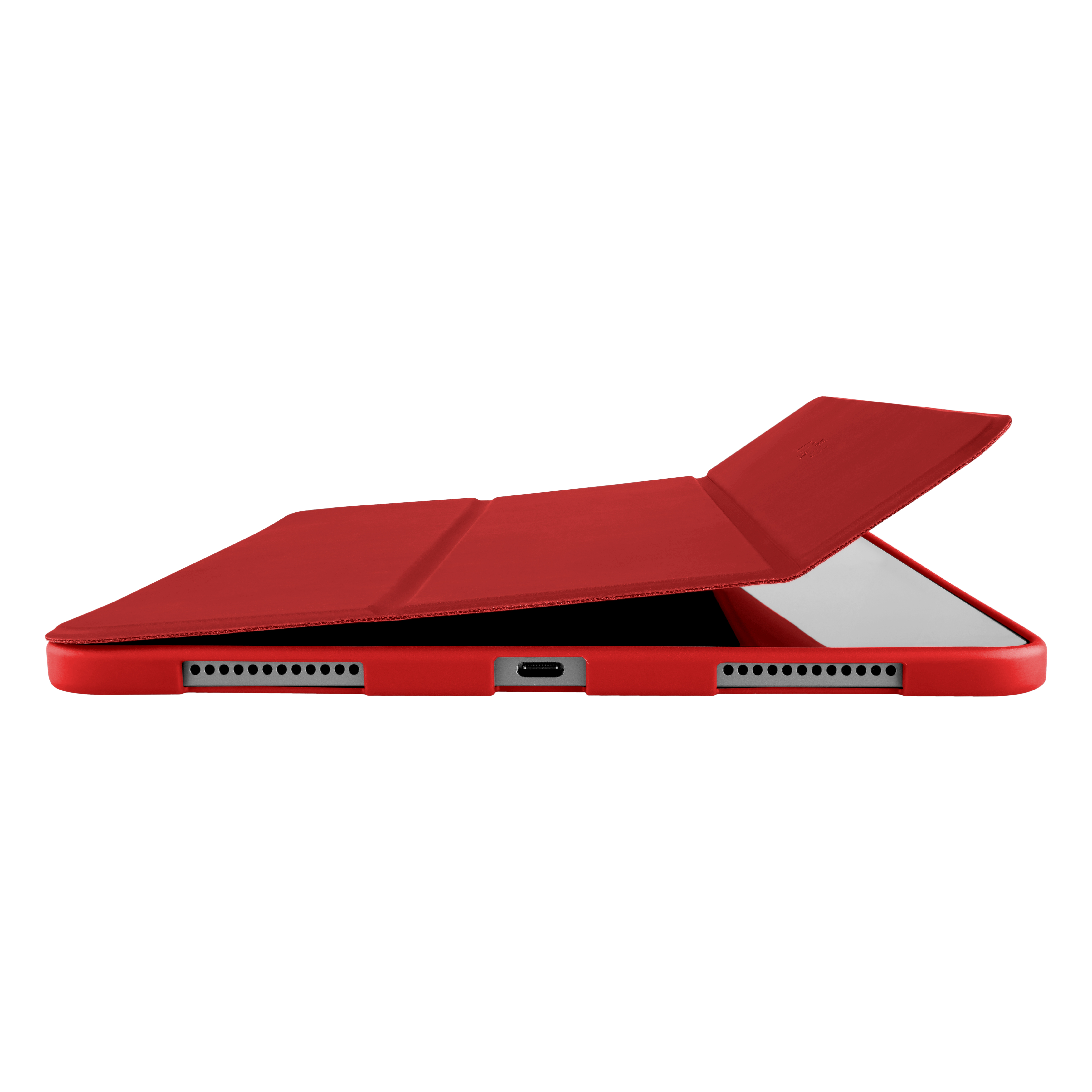 Ein Tablet in einer roten Hülle, das flach auf einer weißen Oberfläche liegt. Die Unterseite mit Anschlüssen ist sichtbar.