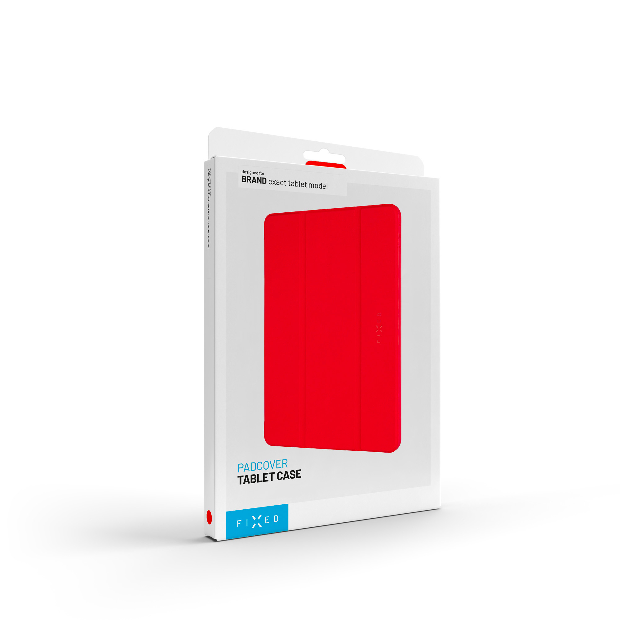 Eine weiße Verkaufsschachtel für eine rote Tablet-Hülle mit der Marke Fixed und dem Etikett Padcover.