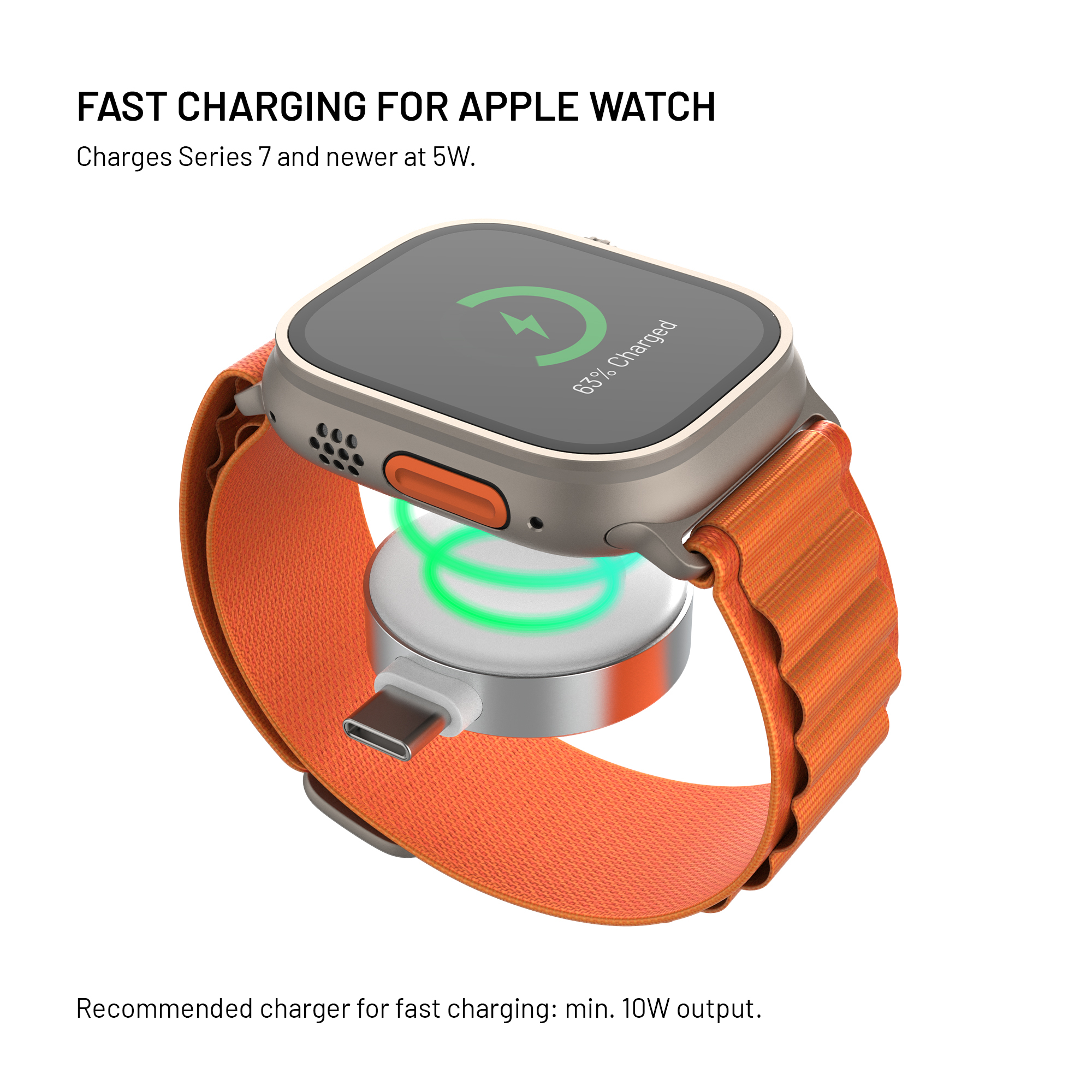 Eine Apple Watch mit orangefarbenem Armband wird auf einem runden Ladegerät mit grünem Licht aufgeladen.